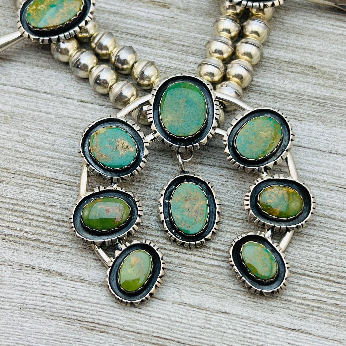 Vintage King's Manassa Turquoise 30" squash blossom necklace Sterling silver.