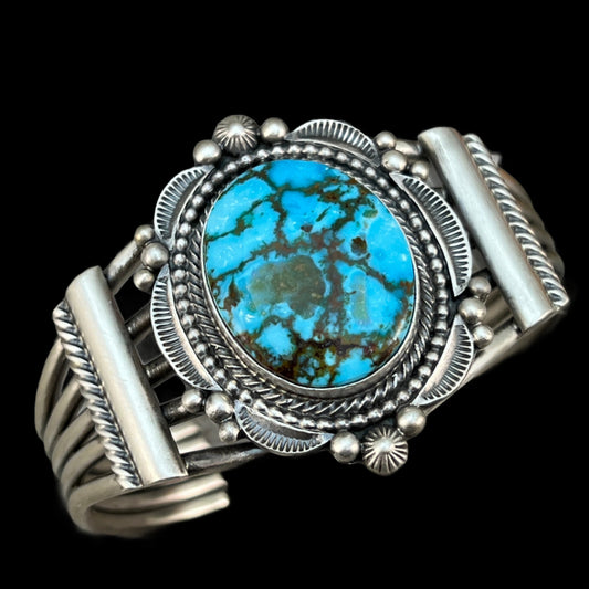 6.5" Kingman spiderweb turquoise, cuff bracelet 3 Navajo Tom Lewis sterling silver