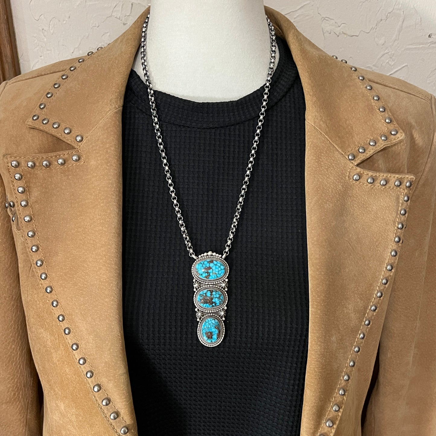 24" spiderweb Kingman turquoise Necklace 3 Sterling Silver Rolo Chain Lewis