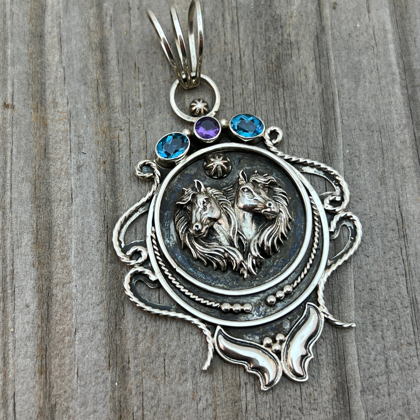 Large horse pendant sterling silver Blue Topaz Amethyst Irvin Tsosie Navajo 824