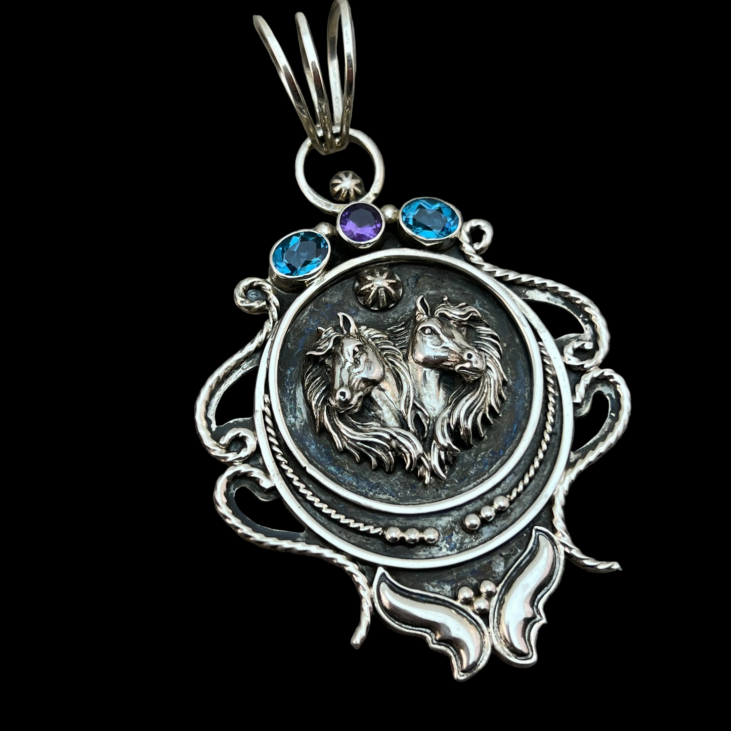 Large horse pendant sterling silver Blue Topaz Amethyst Irvin Tsosie Navajo 824