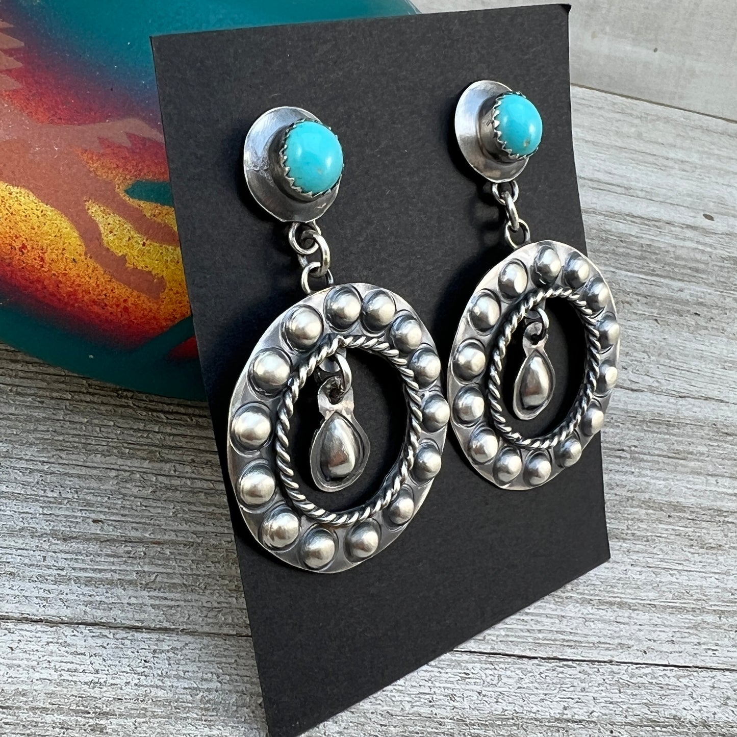 Navajo hand stamped turquoise hoop earrings sterling silver Gabrielle Yazzie
