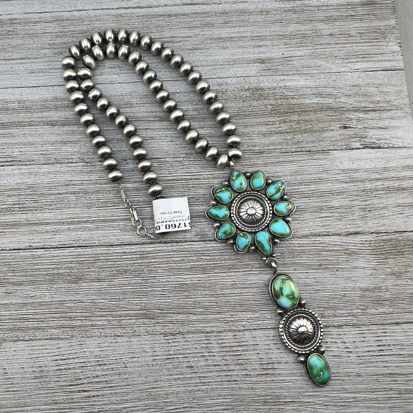 21" Sonoran turquoise Navajo Necklace Sterling Silver Pearls 10mm beads