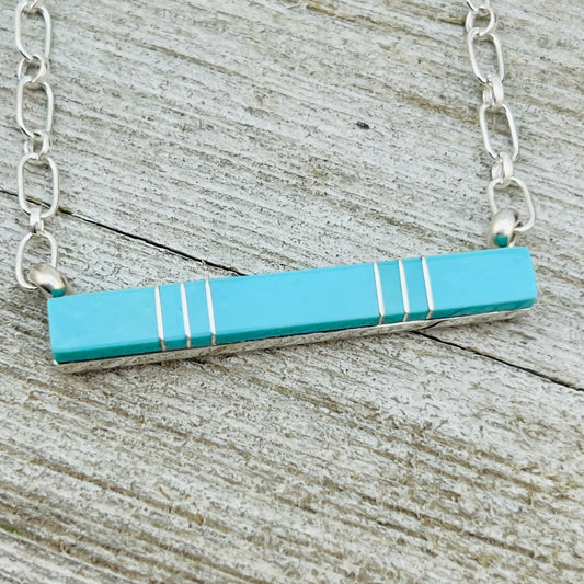18" Turquoise inlay bar necklace Zuni handmade MaDerral Kallestewa