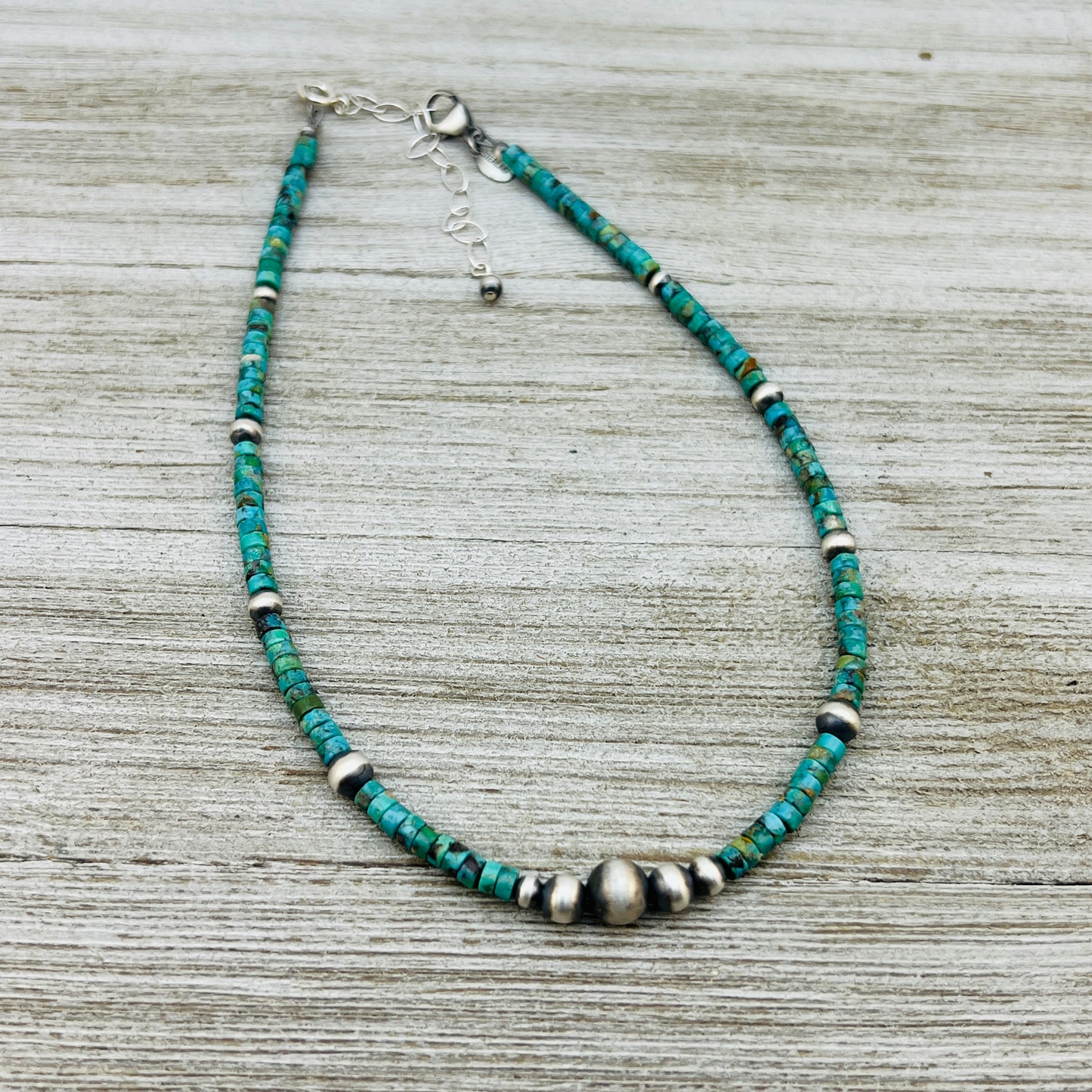13" 14" 15" 16" 17" adjustable choker, Real Sterling Silver, oxidized, Turquoise Bead Necklace, Western Boho Pearl