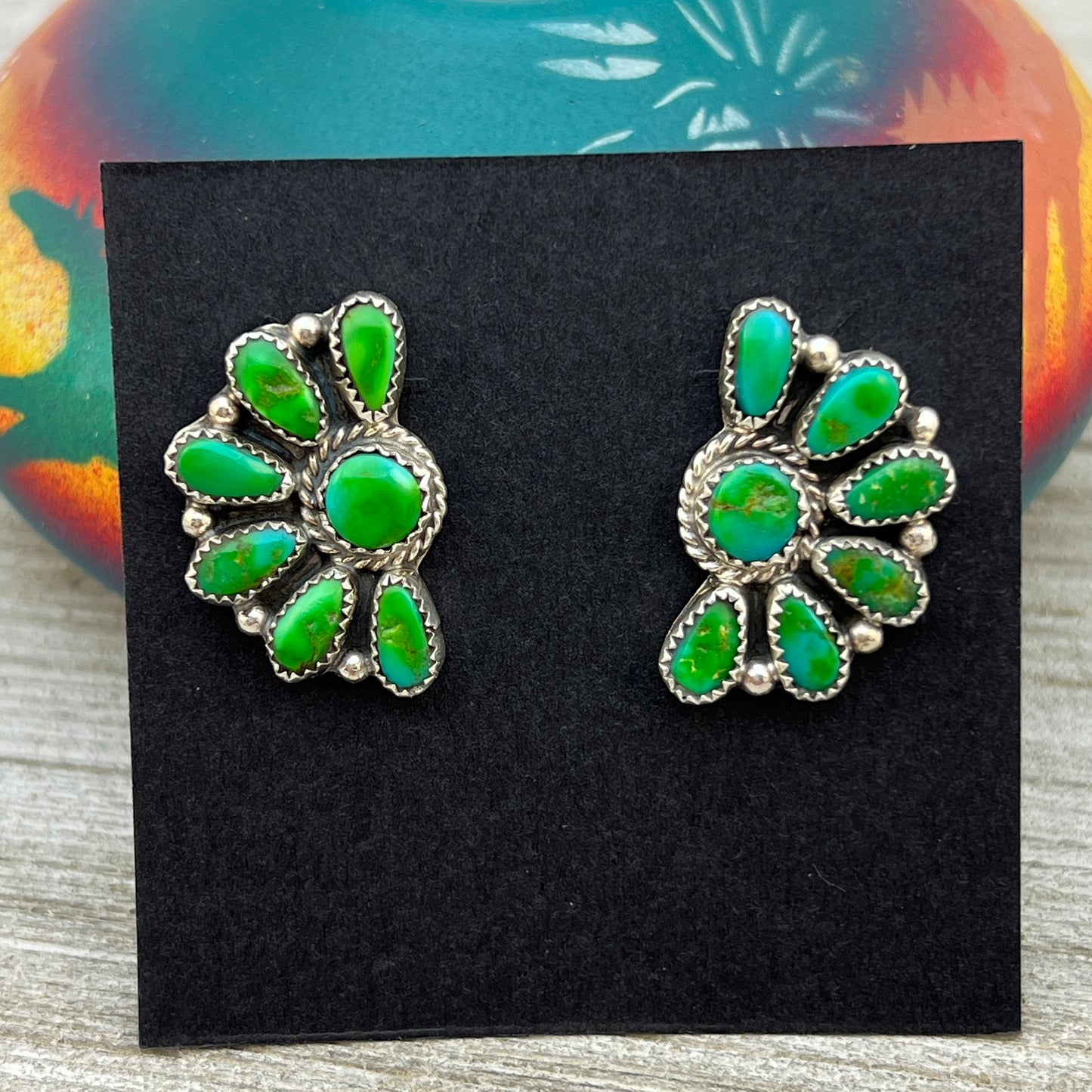 Bright Green Sonoran Gold turquoise Half Cluster earrings Justina Wilson Navajo 878