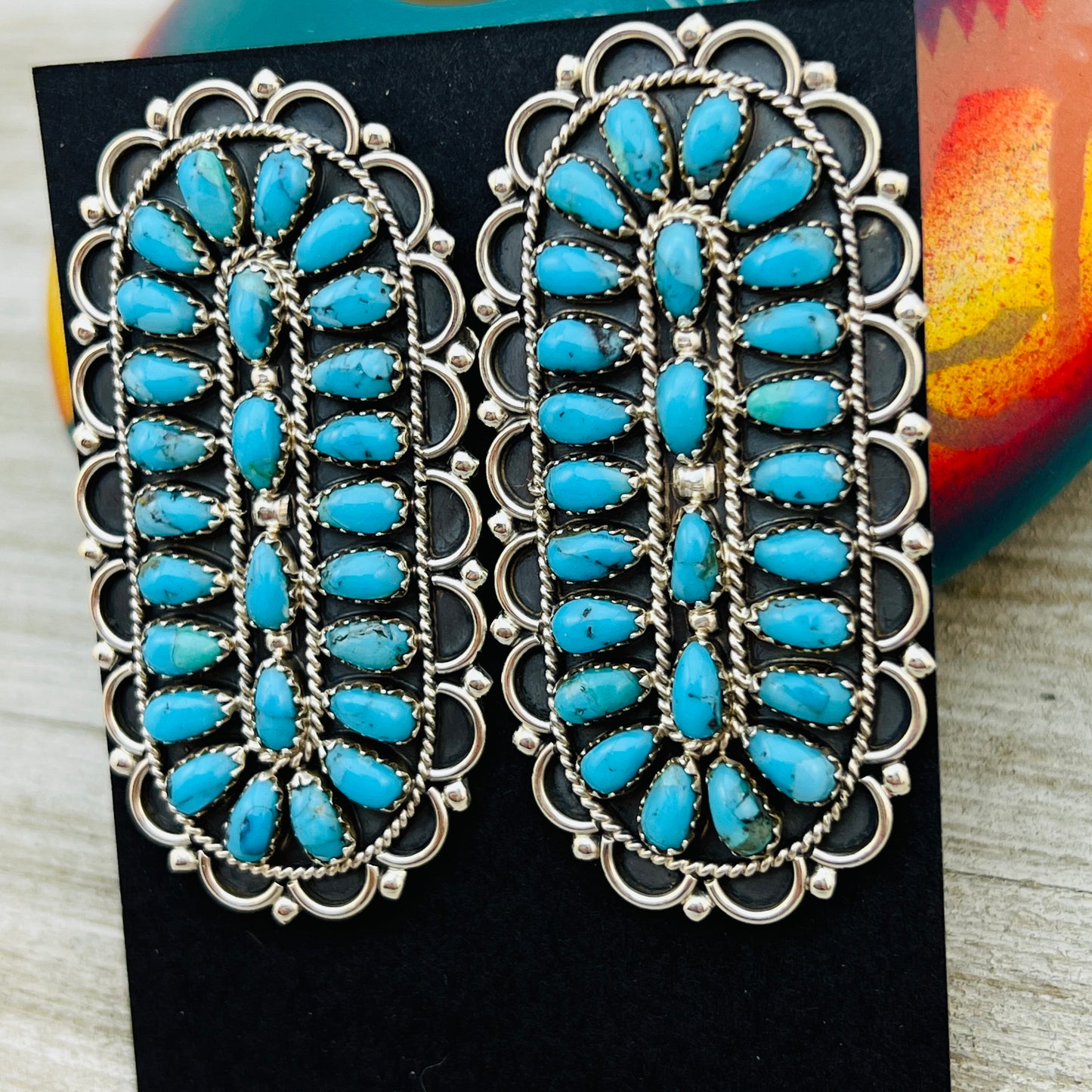 Turquoise Petit Point Large Oval Cluster Earrings Gerald Mitchell signed Sterling silver ER3