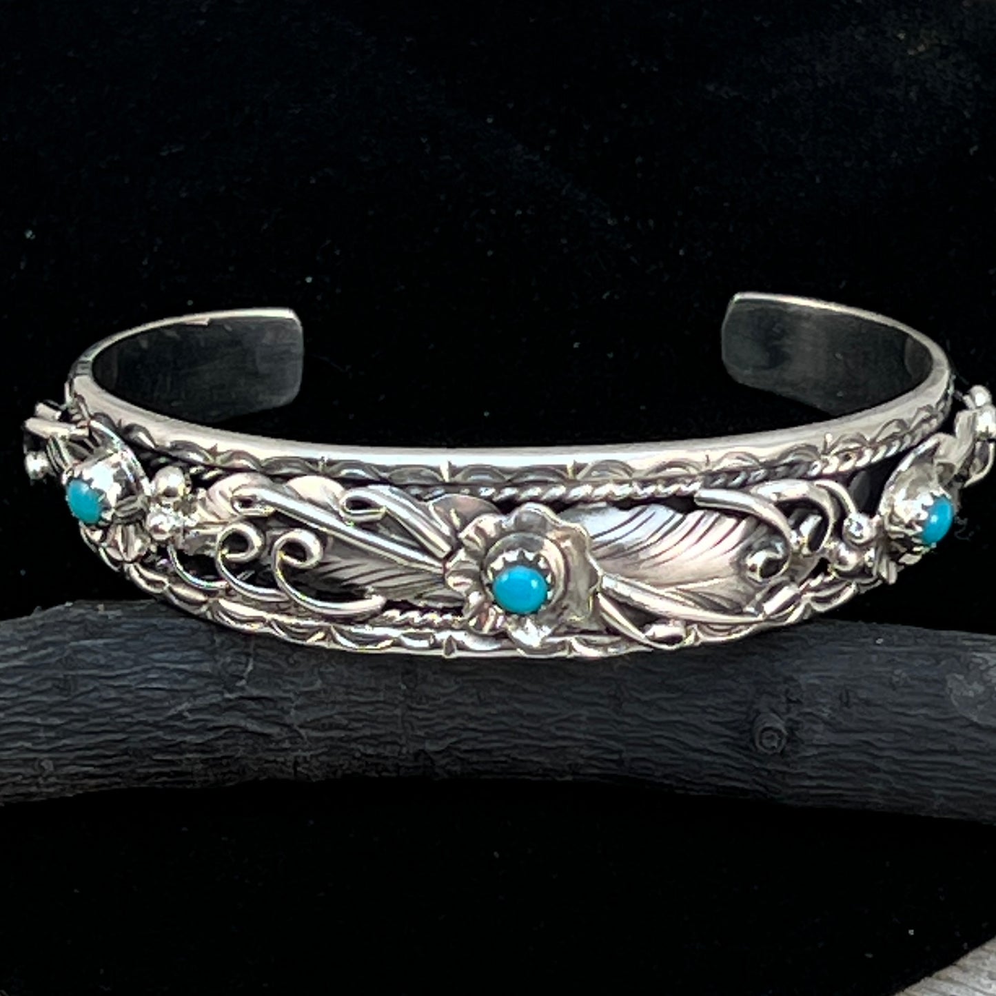 6 1/2" Floral sterling silver bracelet Navajo handmade Bessie Joe signed turquoise