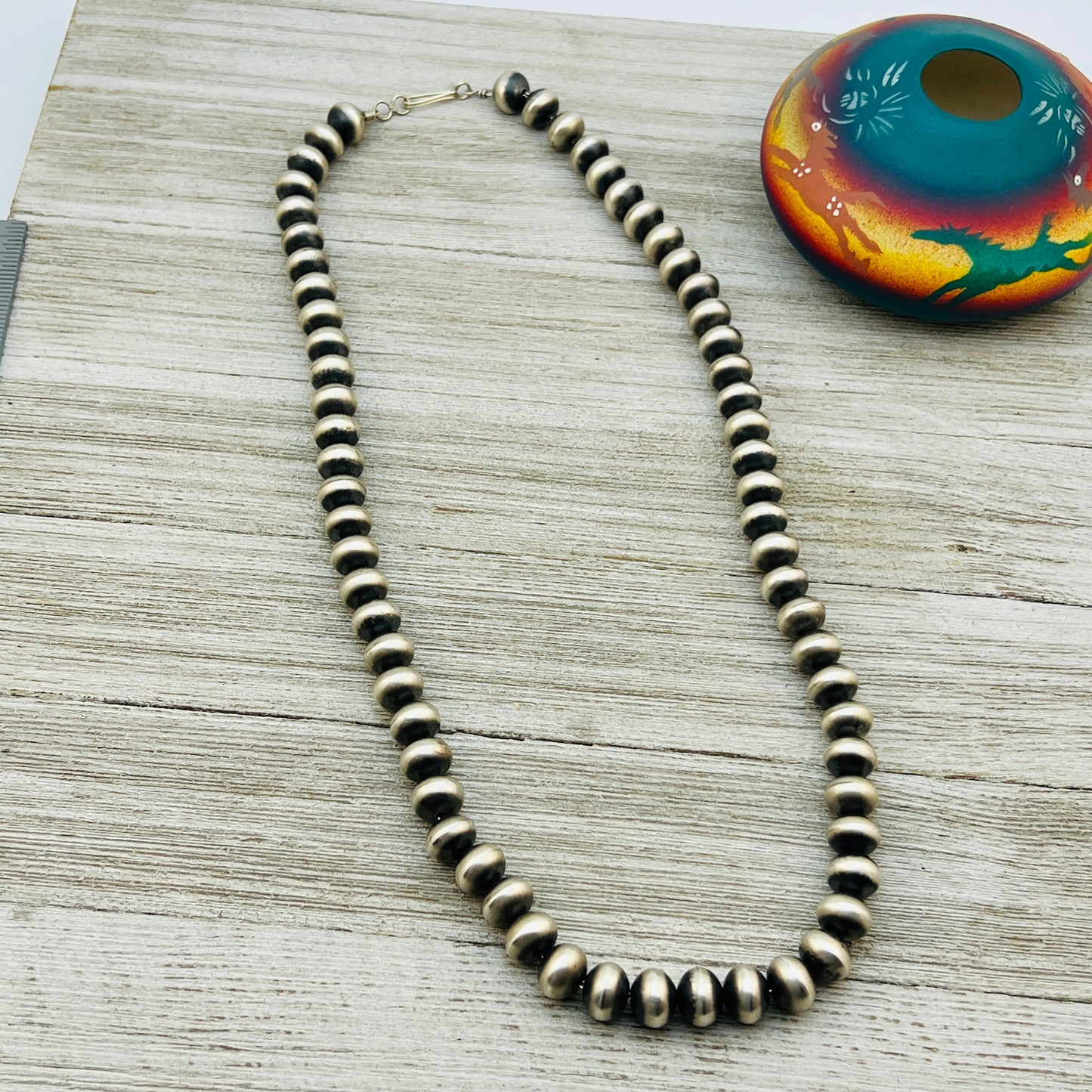 27" Sterling silver Navajo handmade 12mm oval bead Pearl necklace Dorinda Mariano signed