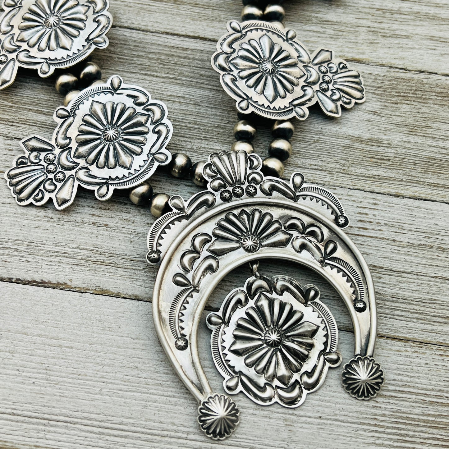 Large all silver Terry Charlie Squash Blossom Necklace Stamped repousse Navajo handmade NK1
