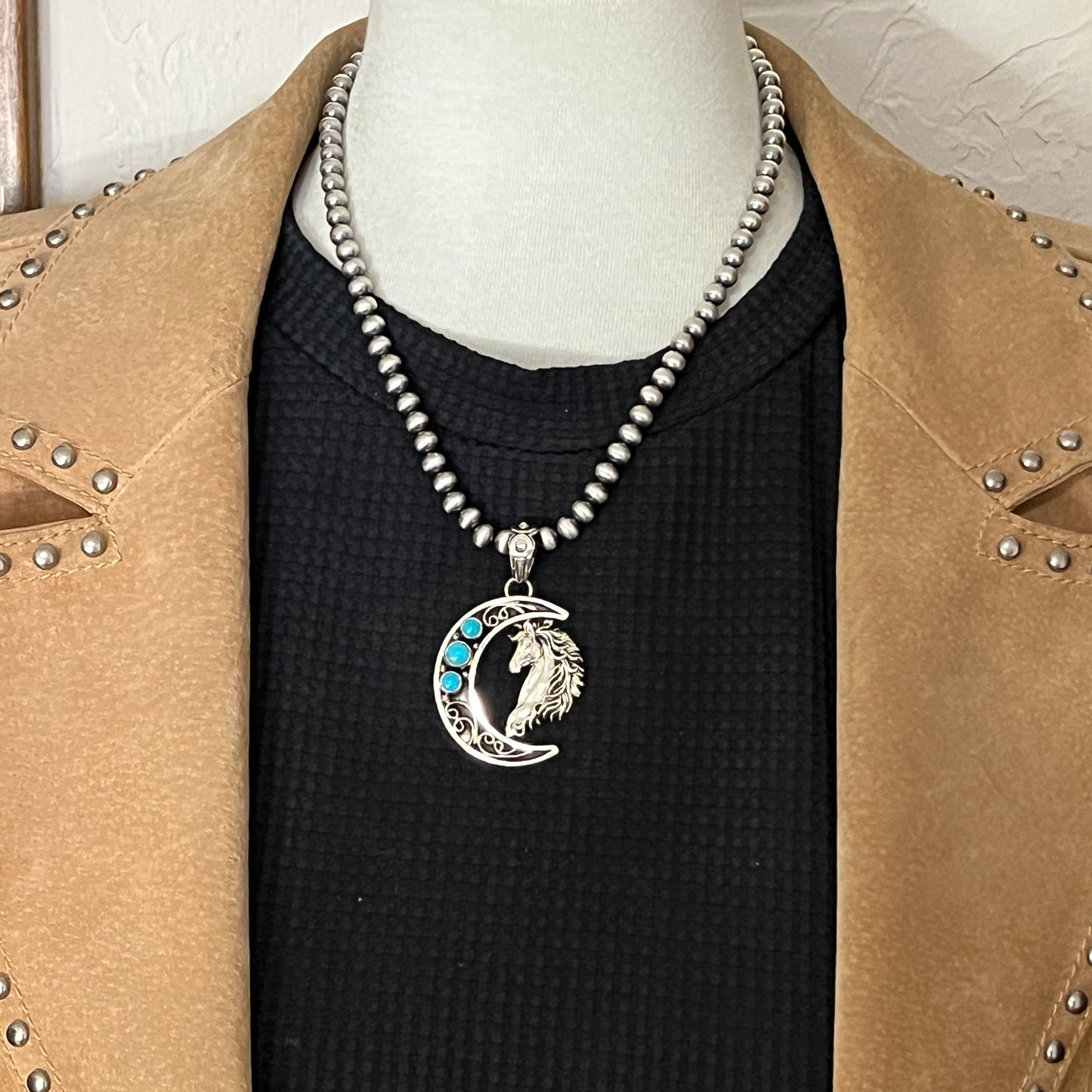 Blue turquoise horse moon pendant sterling silver Jennifer Cayaditto Navajo 821