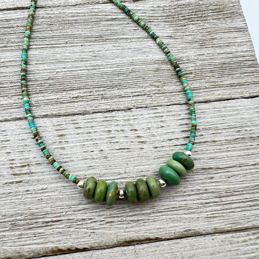 18 1/2" Green Kingman turquoise heishi necklace with rondelle beads Doreen Jake Navajo