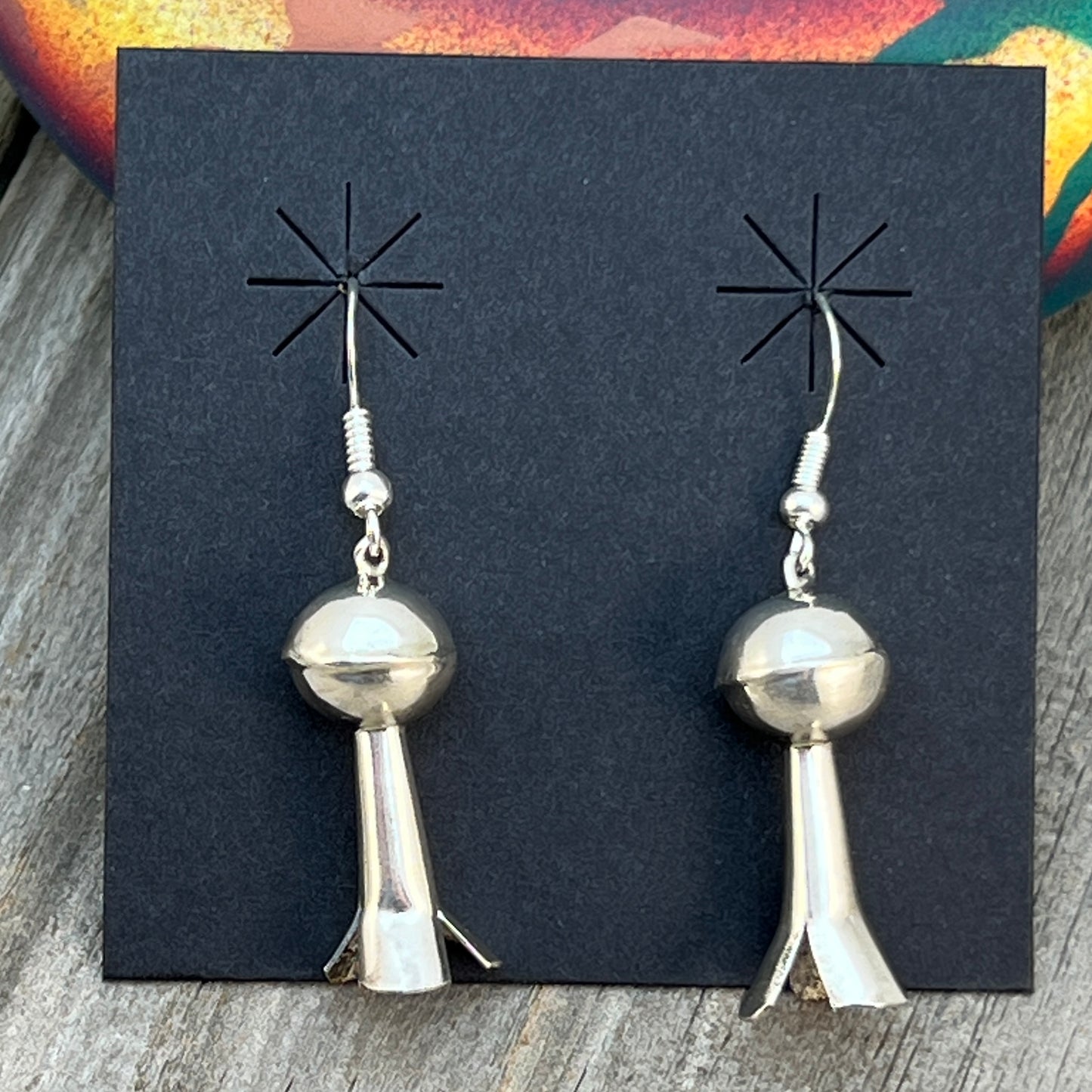 Small lightweight all silver squash blossom dangle earrings Sterling silver Emily Tsosie 658