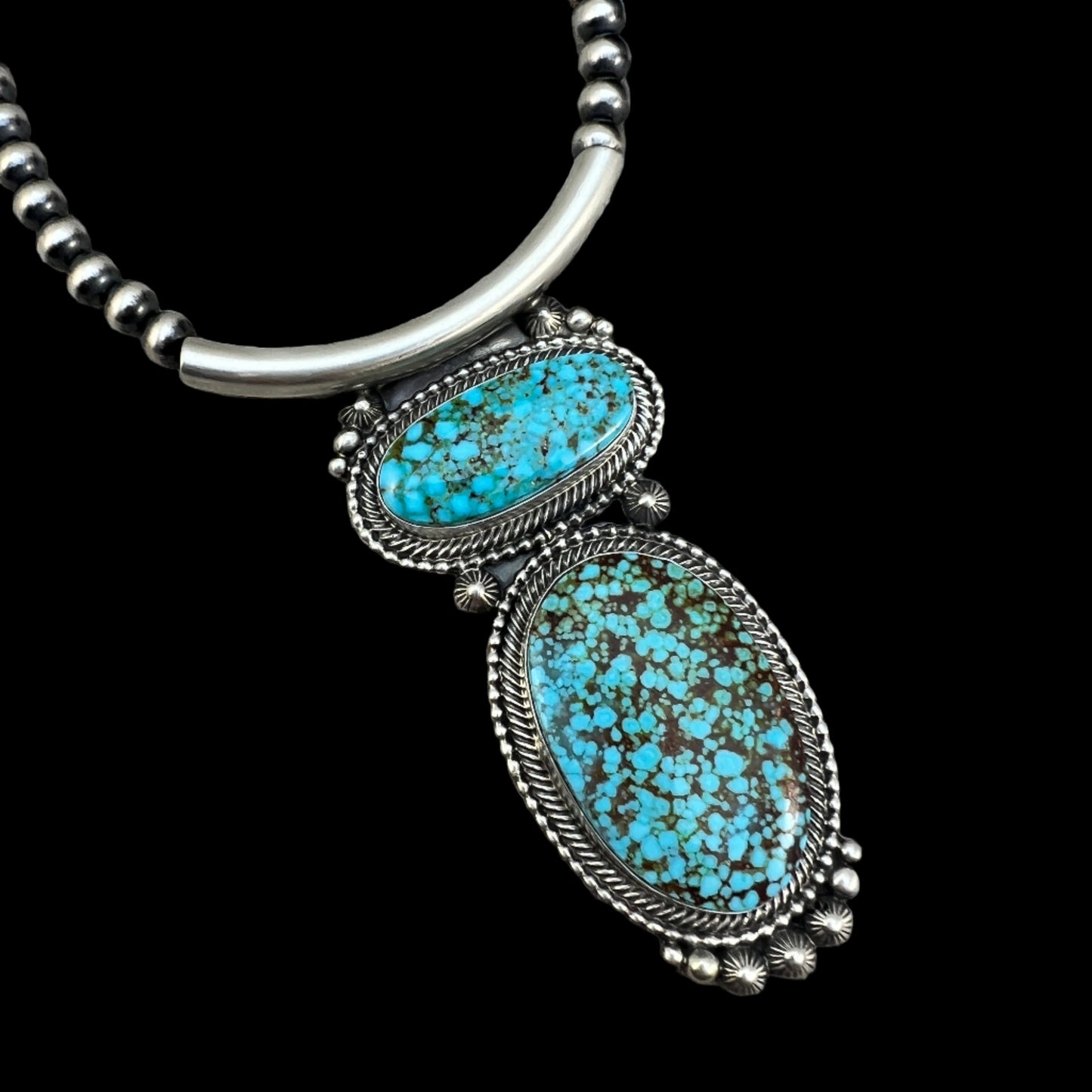 Kingman Turquoise 18" necklace Sterling silver oxidized beads pearls TOM LEWIS