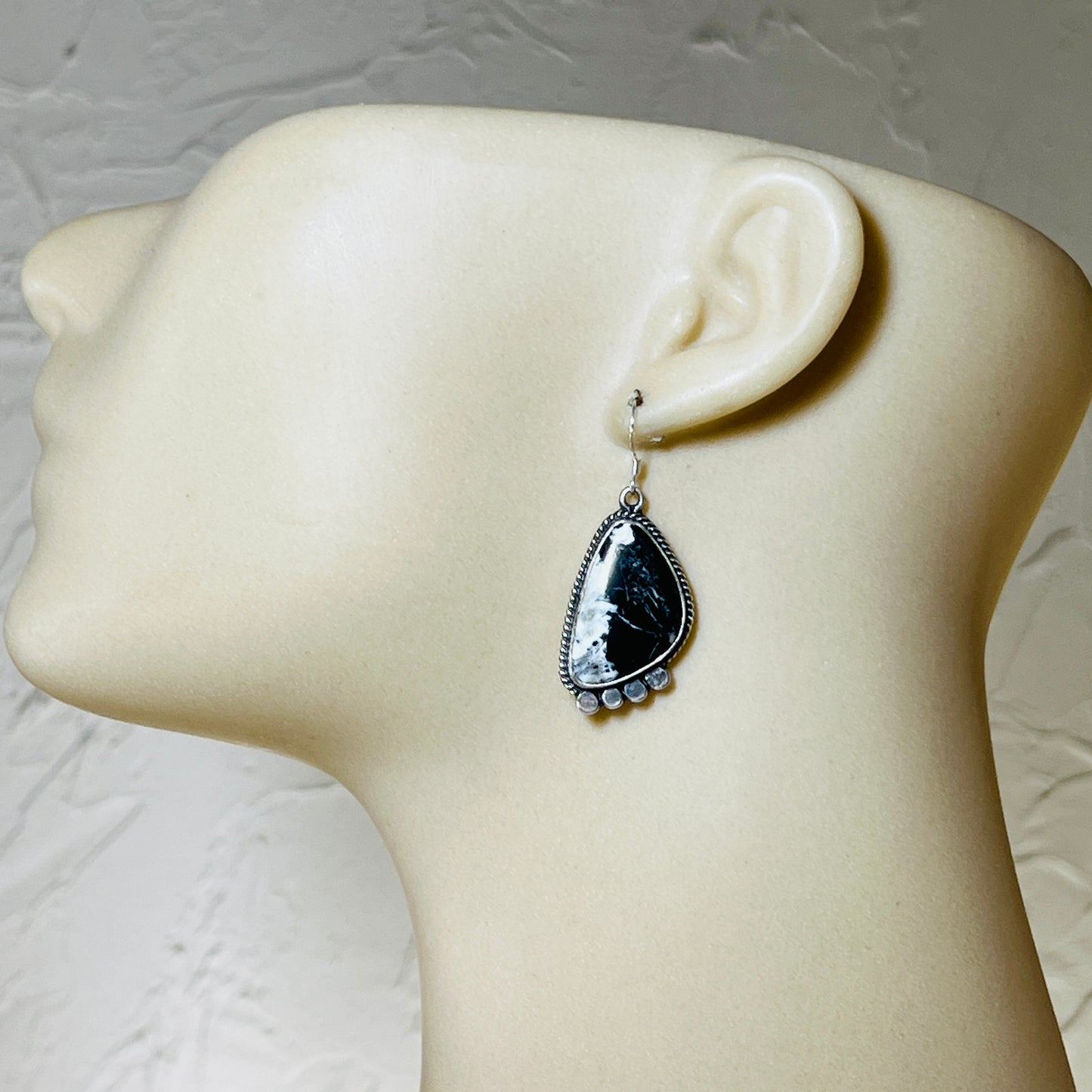 White Buffalo stone dangle earrings sterling silver Sharon McCarthy Navajo ER52