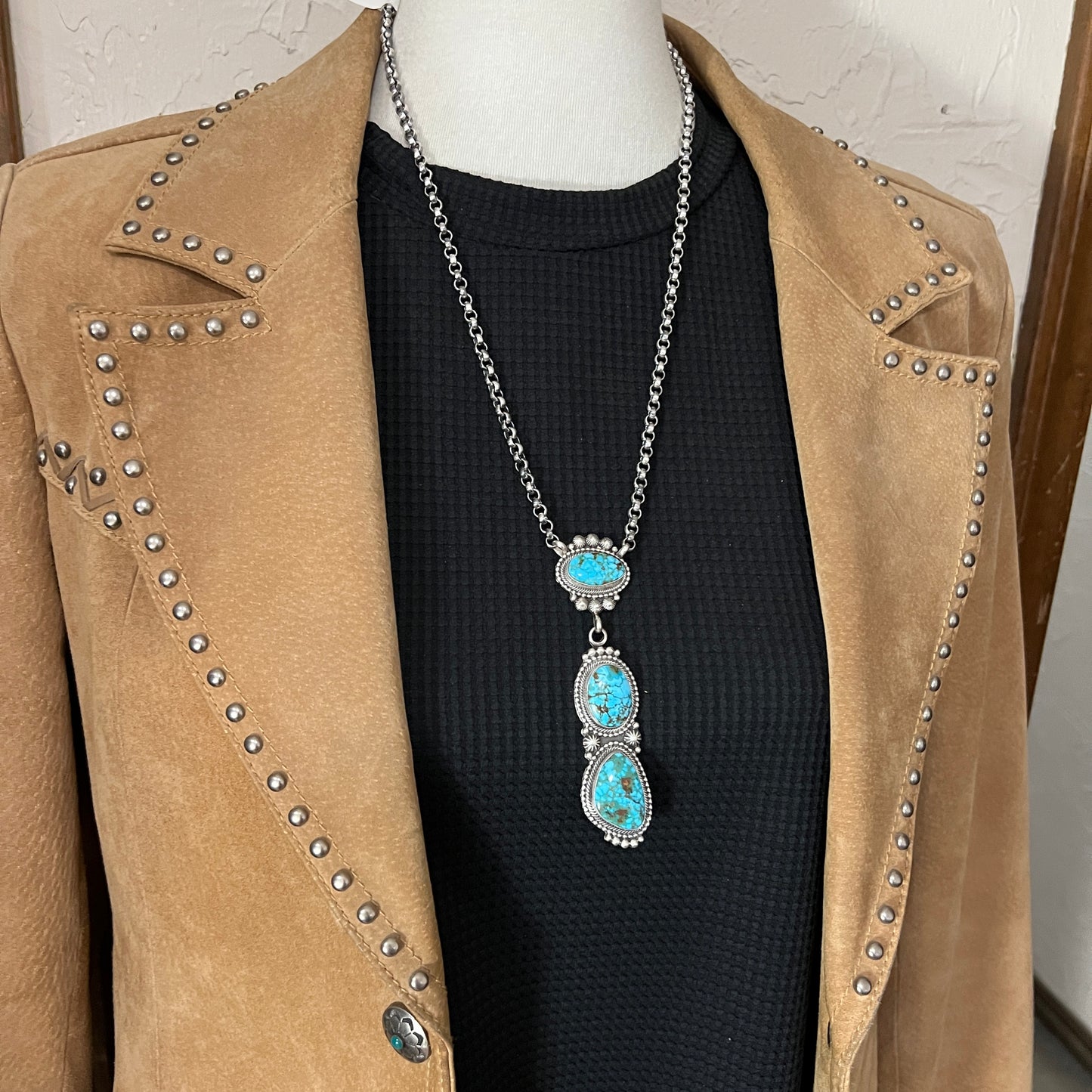 24” Kingman turquoise Necklace 5, Sterling Silver Rolo Chain Tom Lewis Navajo