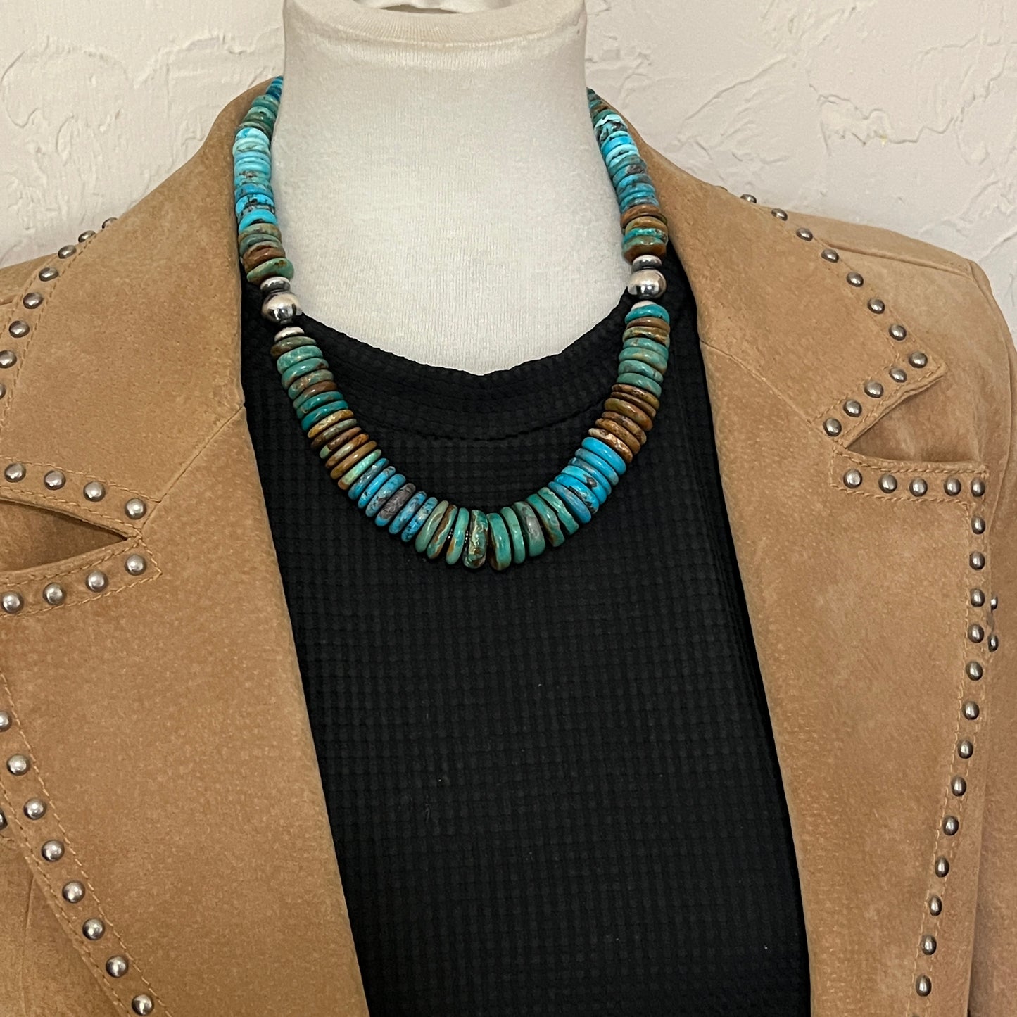 RTS 19 1/2" Turquoise Disc Necklace Choker Sterling Silver Beads, boho choker 640