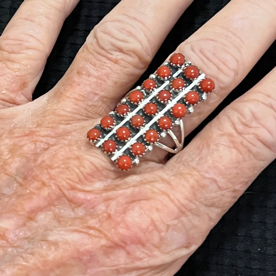 Size 7 Long Mediterranean Coral Zuni Snake Eye Dot Row Ring Kenny Lonjose Sterling Silver