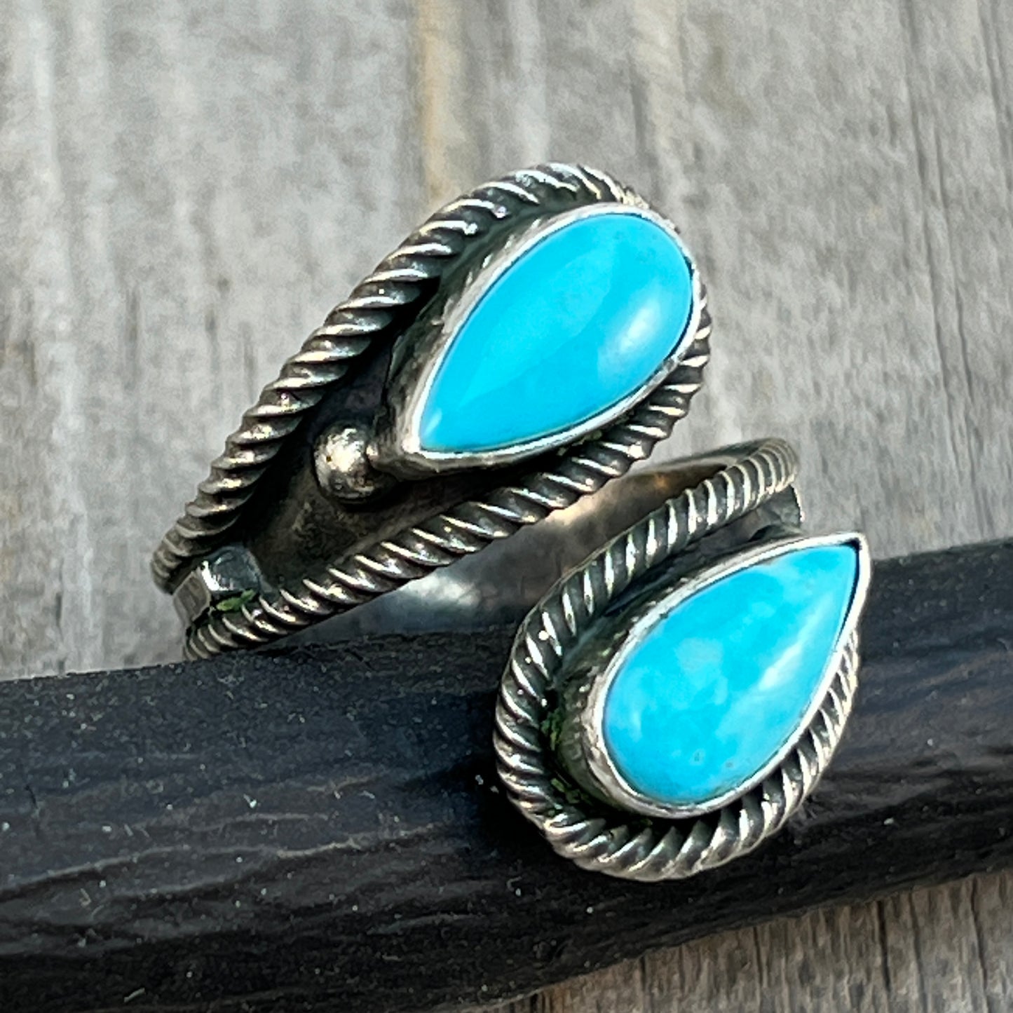 Size 7.75 Light Blue Turquoise Wrap Sterling Silver Ring handmade Kenny Lonjose 654