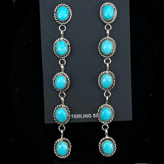 Long Dangle Turquoise stone earrings, sterling silver Boho jewelry