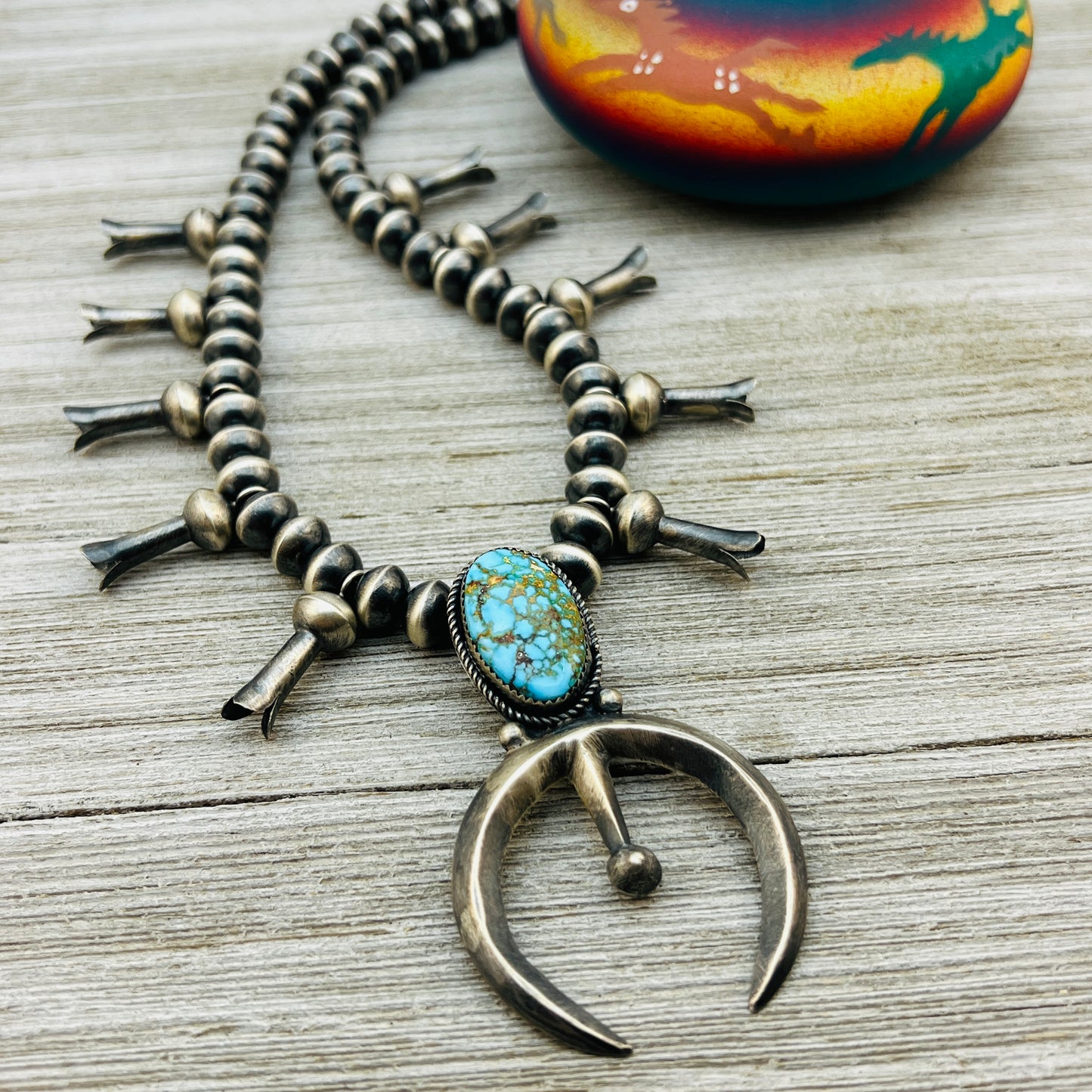 21 1/2" Sterling silver Navajo Squash Blossom necklace Preston Haley signed handmade beads
