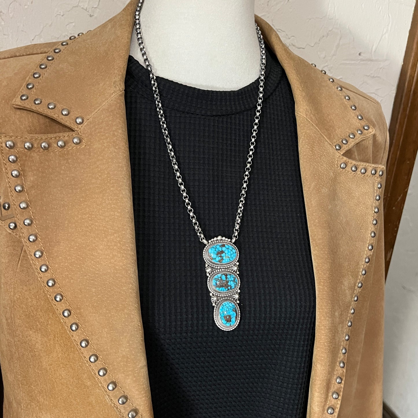 24" spiderweb Kingman turquoise Necklace 3 Sterling Silver Rolo Chain Lewis