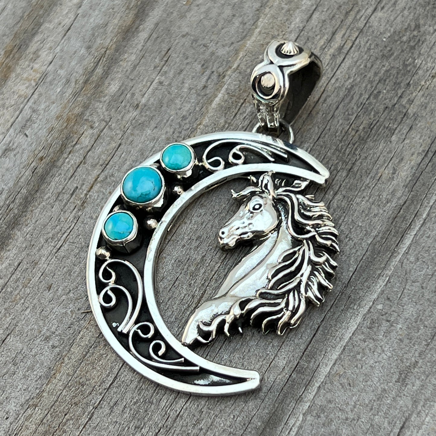 Blue turquoise horse moon pendant sterling silver Jennifer Cayaditto Navajo 822