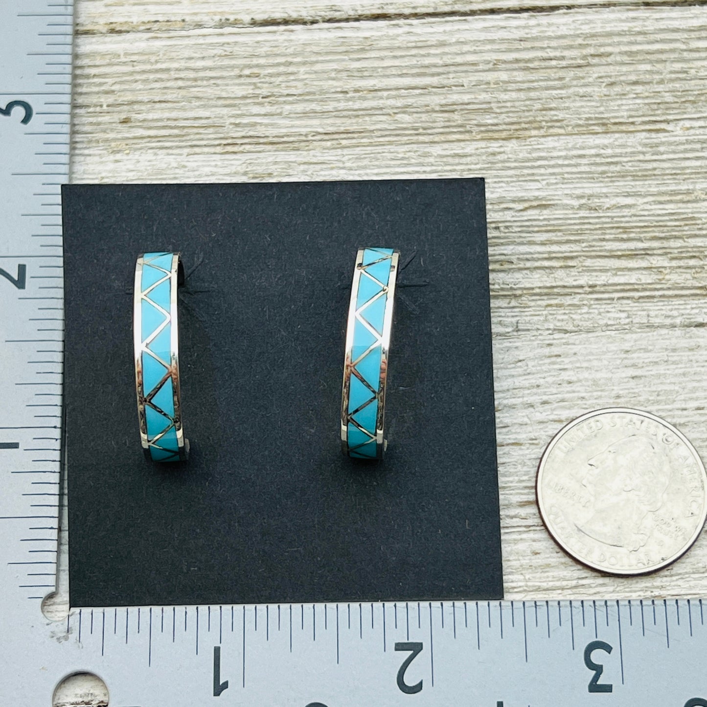 Turquoise inlay hoop earrings Joann Peina Zuni Sterling silver ER46