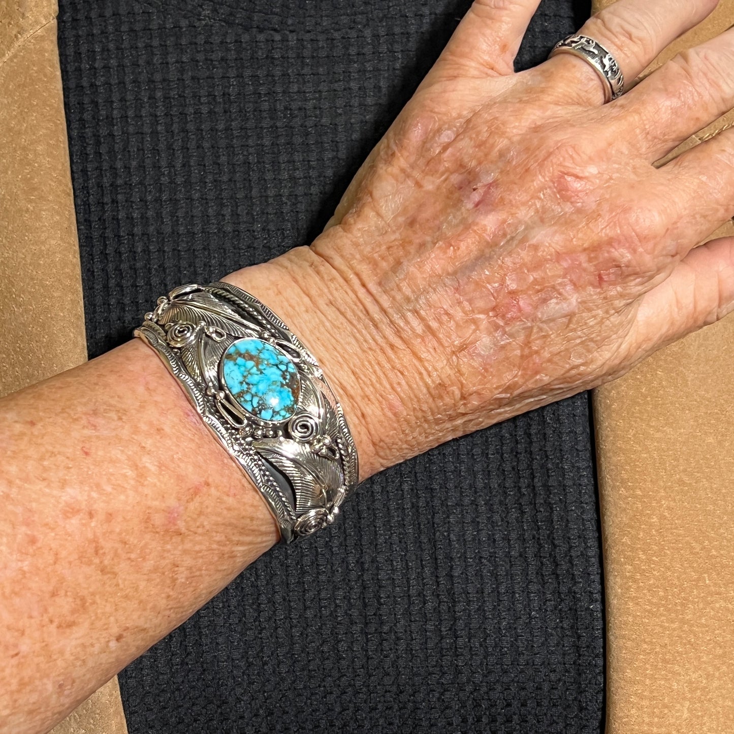6 1/2" Kingman Turquoise floral cuff bracelet sterling silver Darrell Morgan BR5
