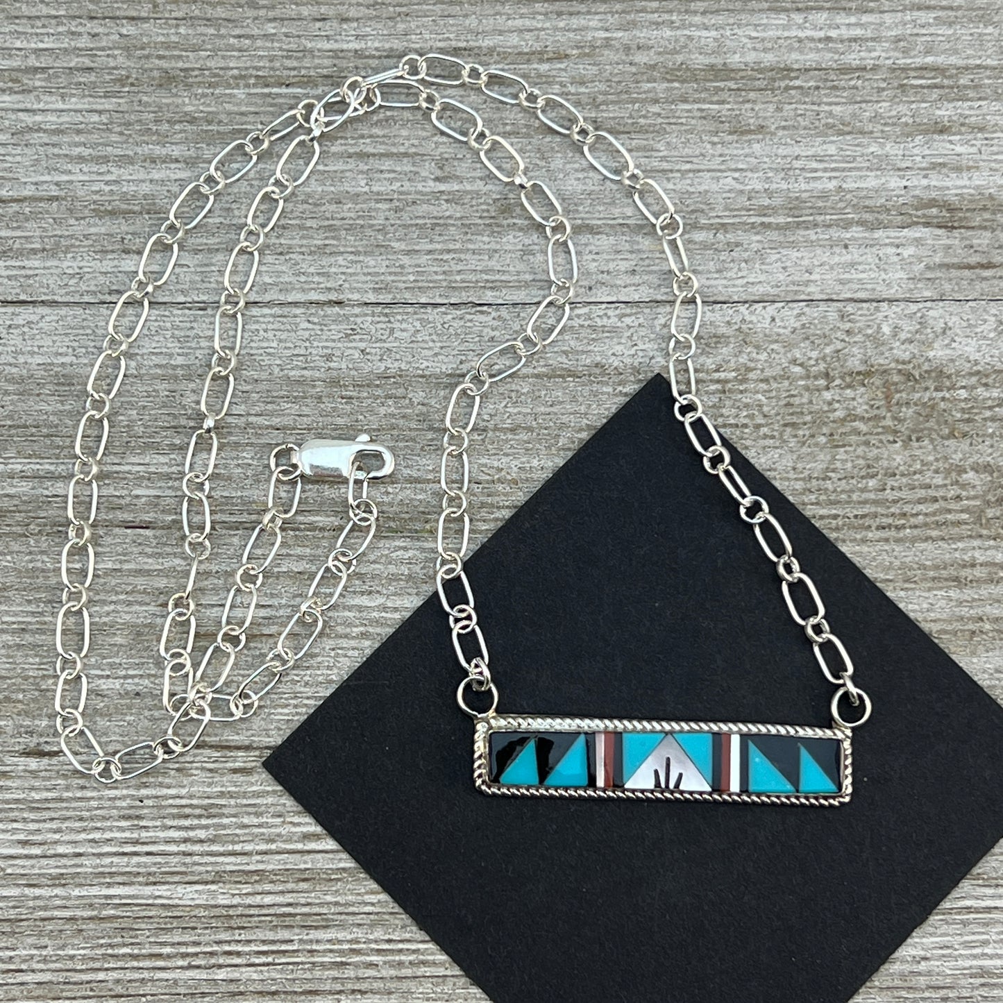 19" Zuni inlay turquoise coral Sterling silver Bar Necklace Rydell and Lynette Yuselew