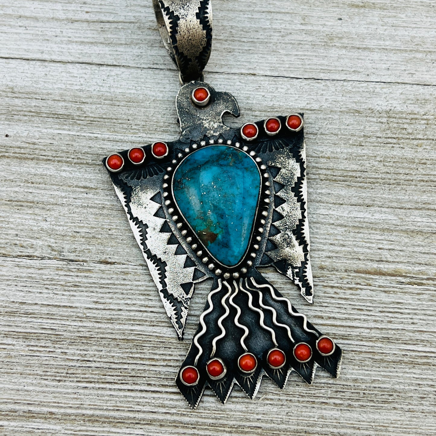 large Heavy Thunderbird Pendant Turquoise Coral Shawn Cayatineto Sterling Silver