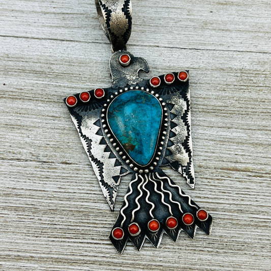 large Heavy Thunderbird Pendant Turquoise Coral Shawn Cayatineto Sterling Silver