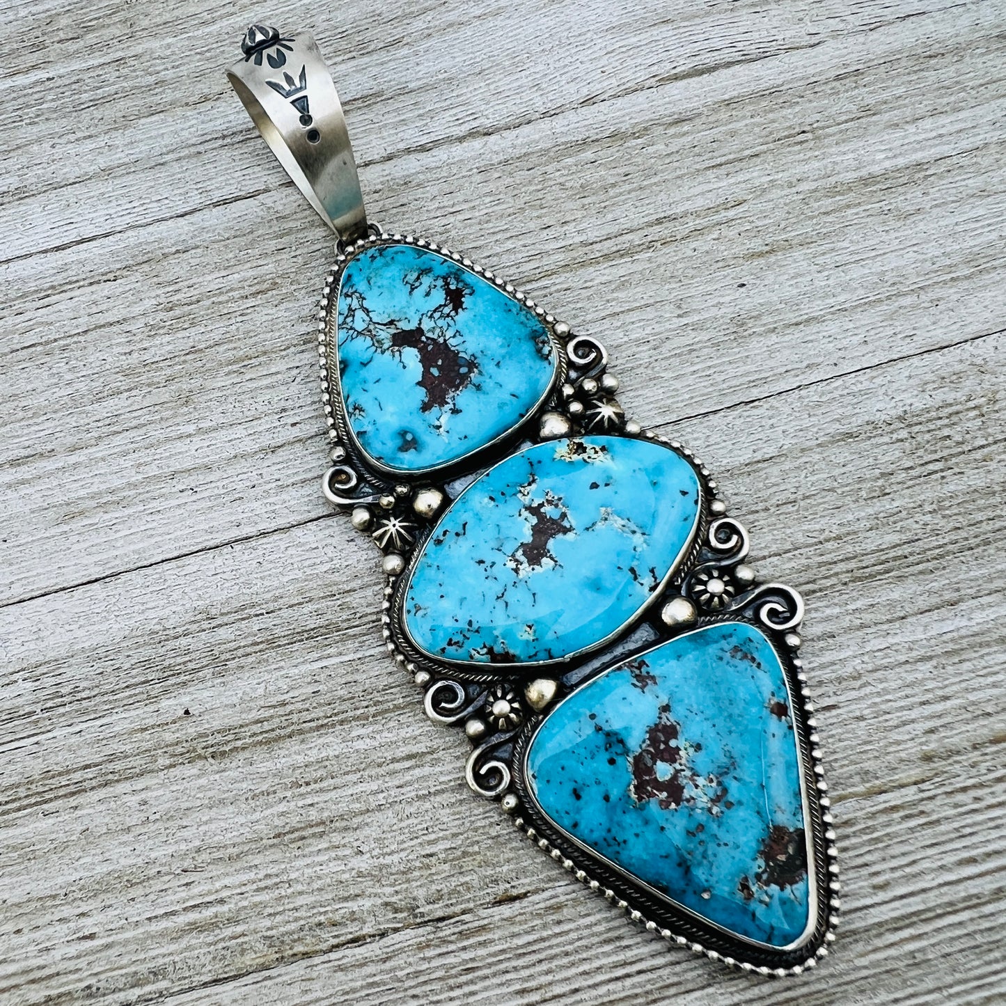 Very Large Blue Kingman Turquoise Pendant Sterling silver Navajo handmade Kathleen Livingston