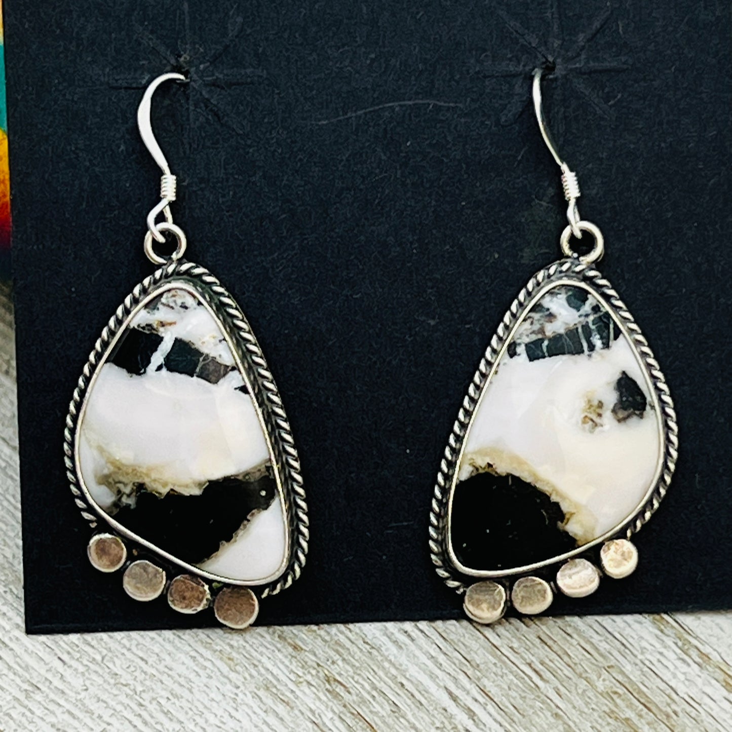 White Buffalo stone dangle earrings sterling silver Sharon McCarthy Navajo ER49