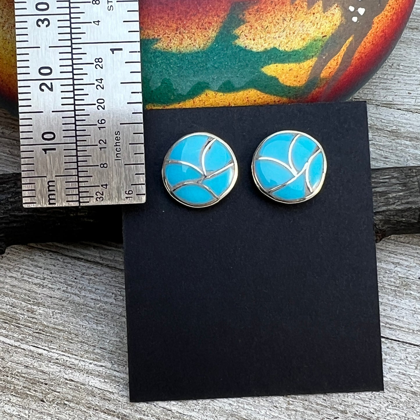 Zuni inlay turquoise fish scale small round stud earrings sterling silver Orena Leekya 4