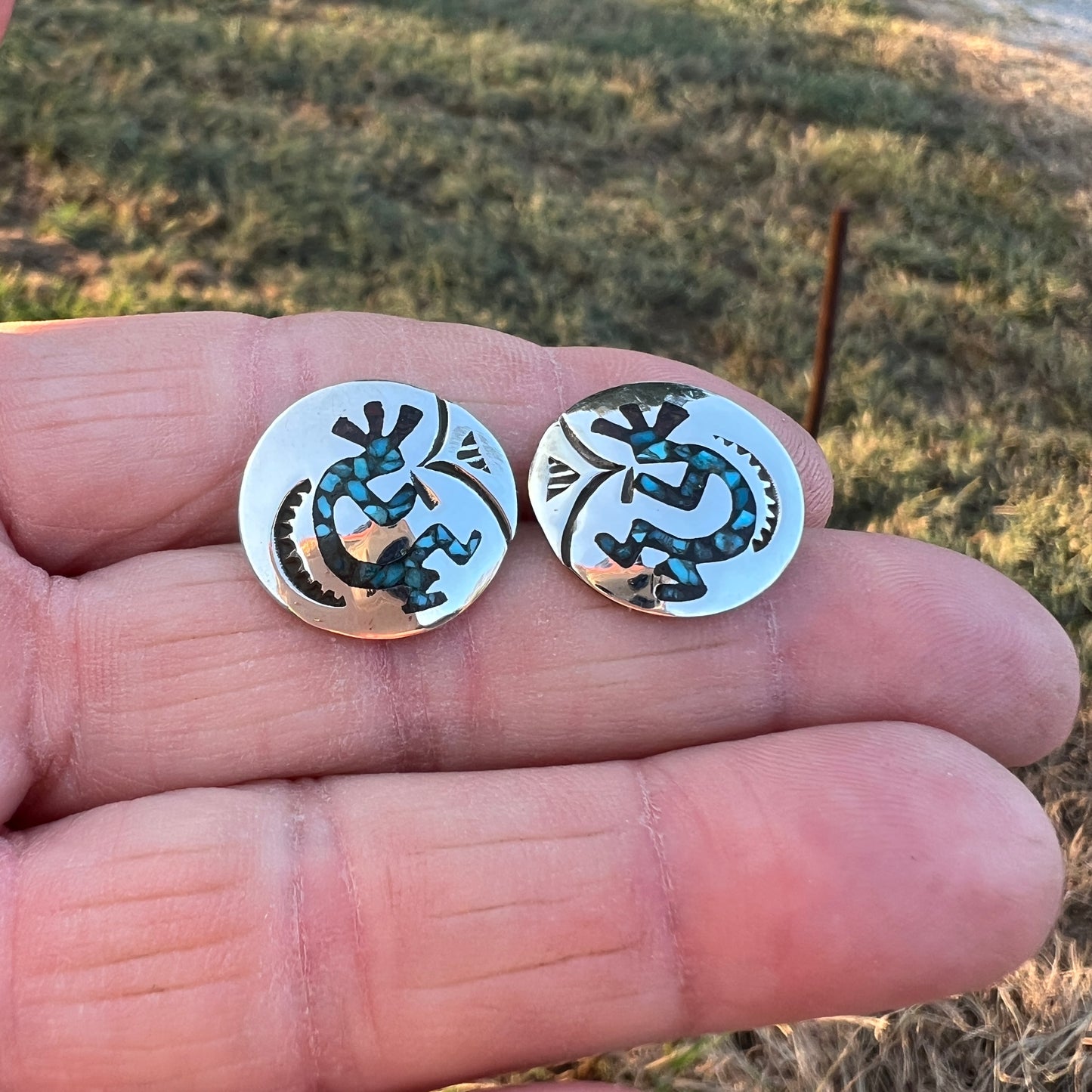 Turquoise Chip inlay Kokopelli small concho earrings Sterling silver Jolene Yazzie
