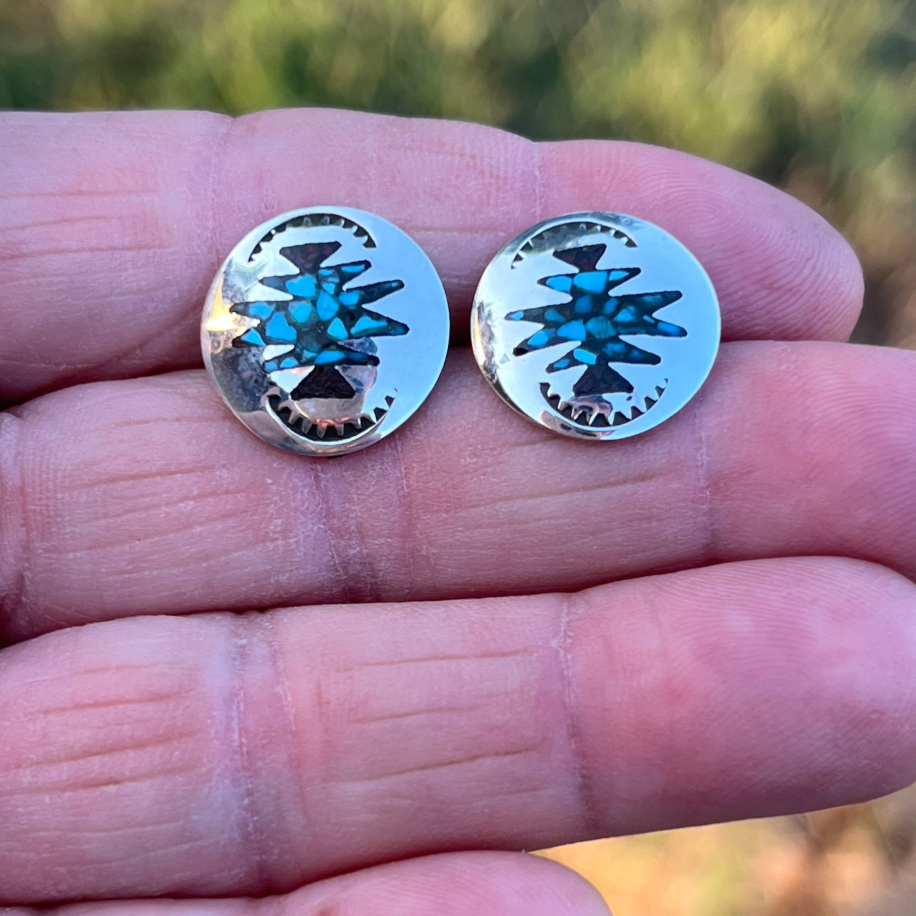 Turquoise Chip inlay Southwest small concho earrings Sterling silver Jolene Yazzie