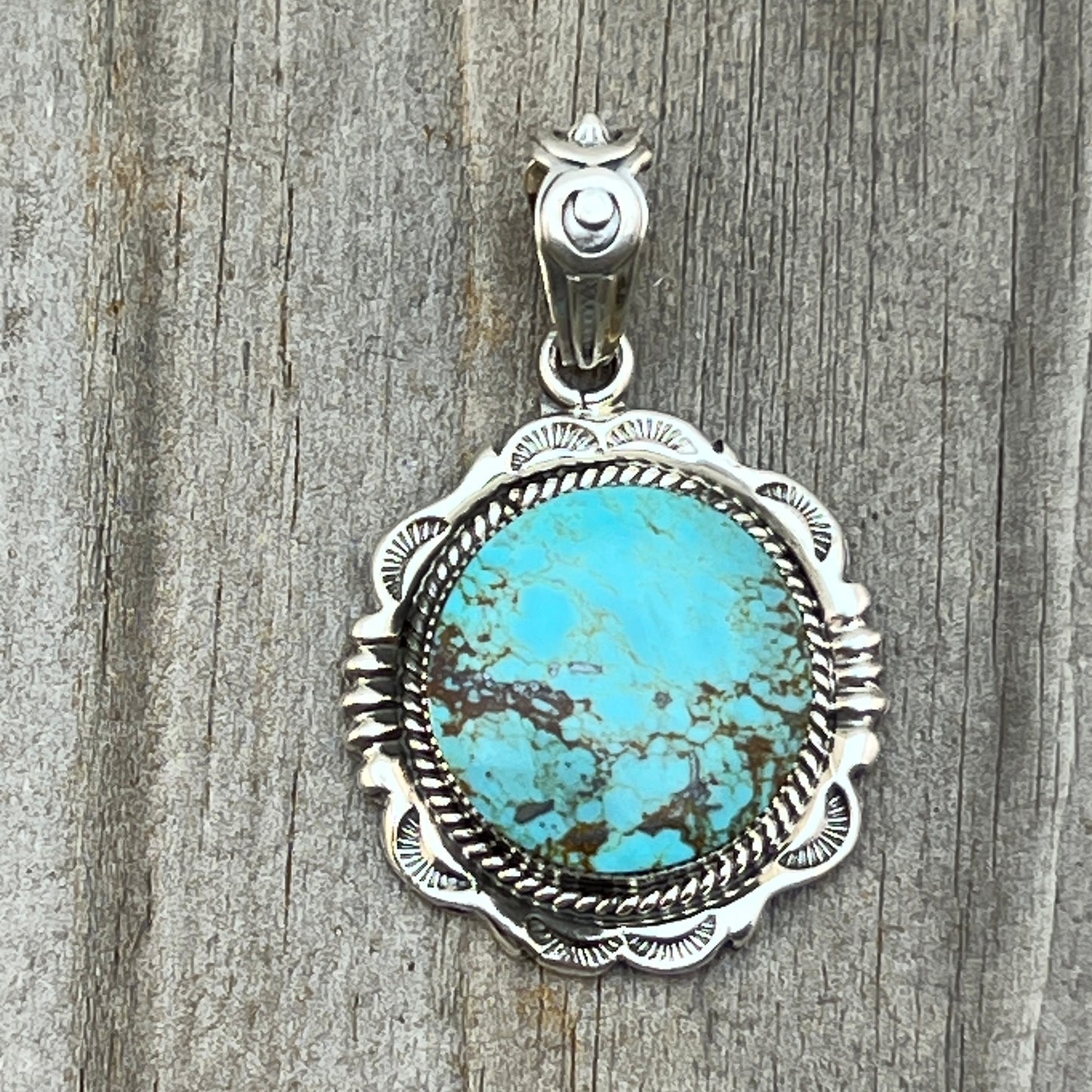 Kingman Turquoise Pendant Sterling silver Navajo handmade Jeremy Delgarito 763