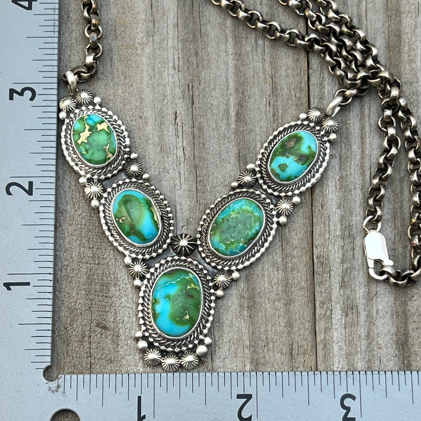 18" Polychrome Sonoran Turquoise Heavy Necklace Sterling Silver Tom Lewis Navajo 840