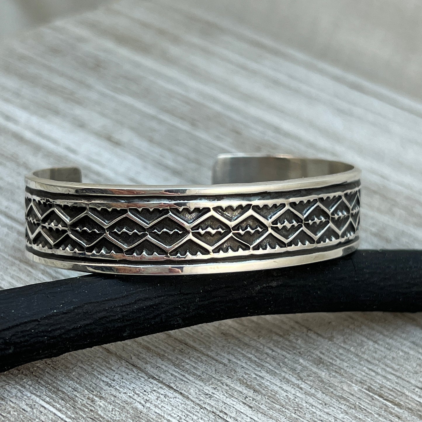 6.5" Sterling silver hand stamped Cuff Bracelet Navajo Leonard Maloney signed boho 361