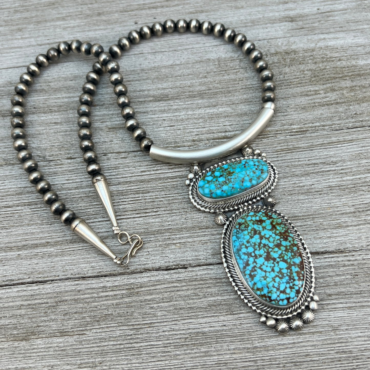 Kingman Turquoise 18" necklace Sterling silver oxidized beads pearls TOM LEWIS