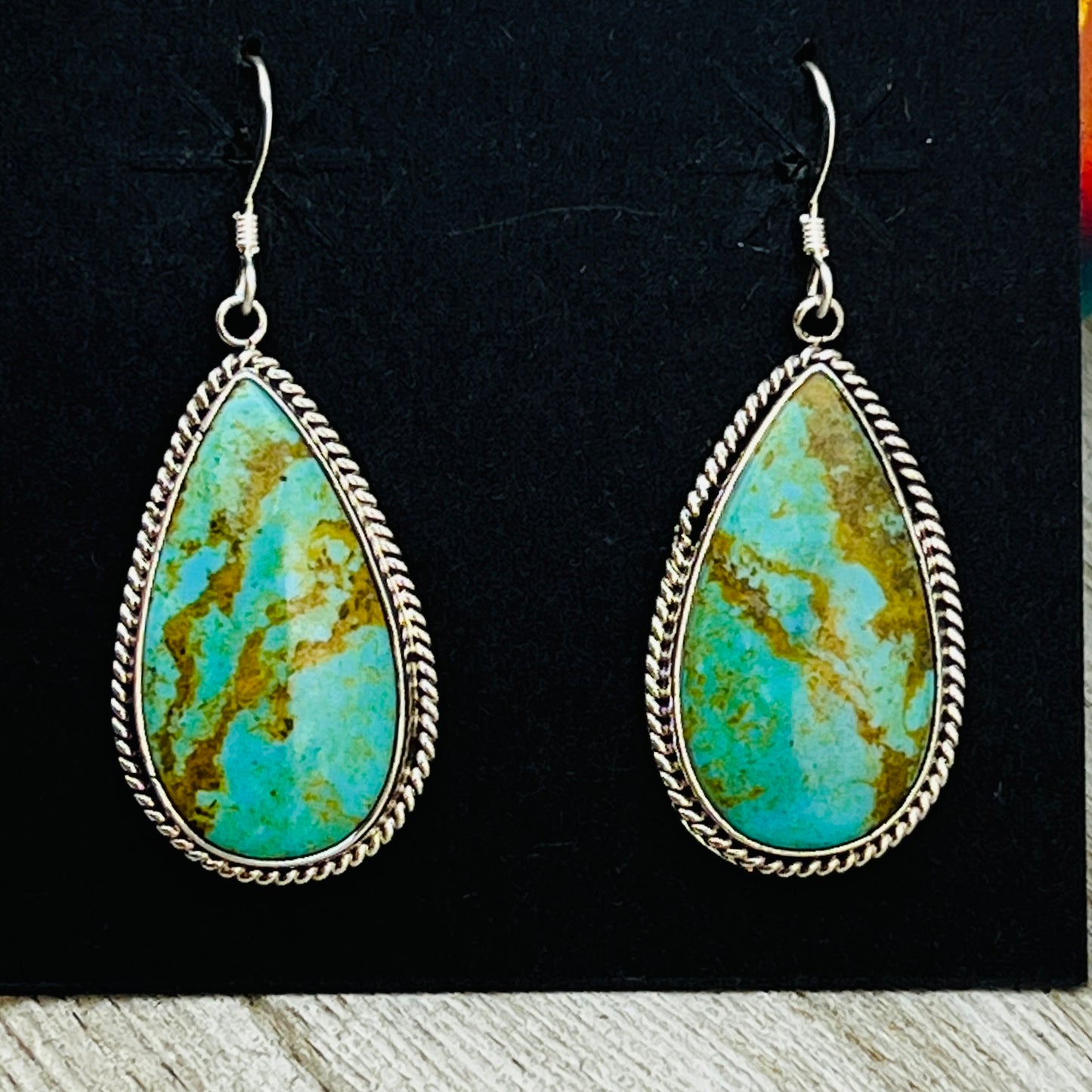 Blue turquoise teardrop earrings sterling silver Sharon McCarthy Navajo ER56