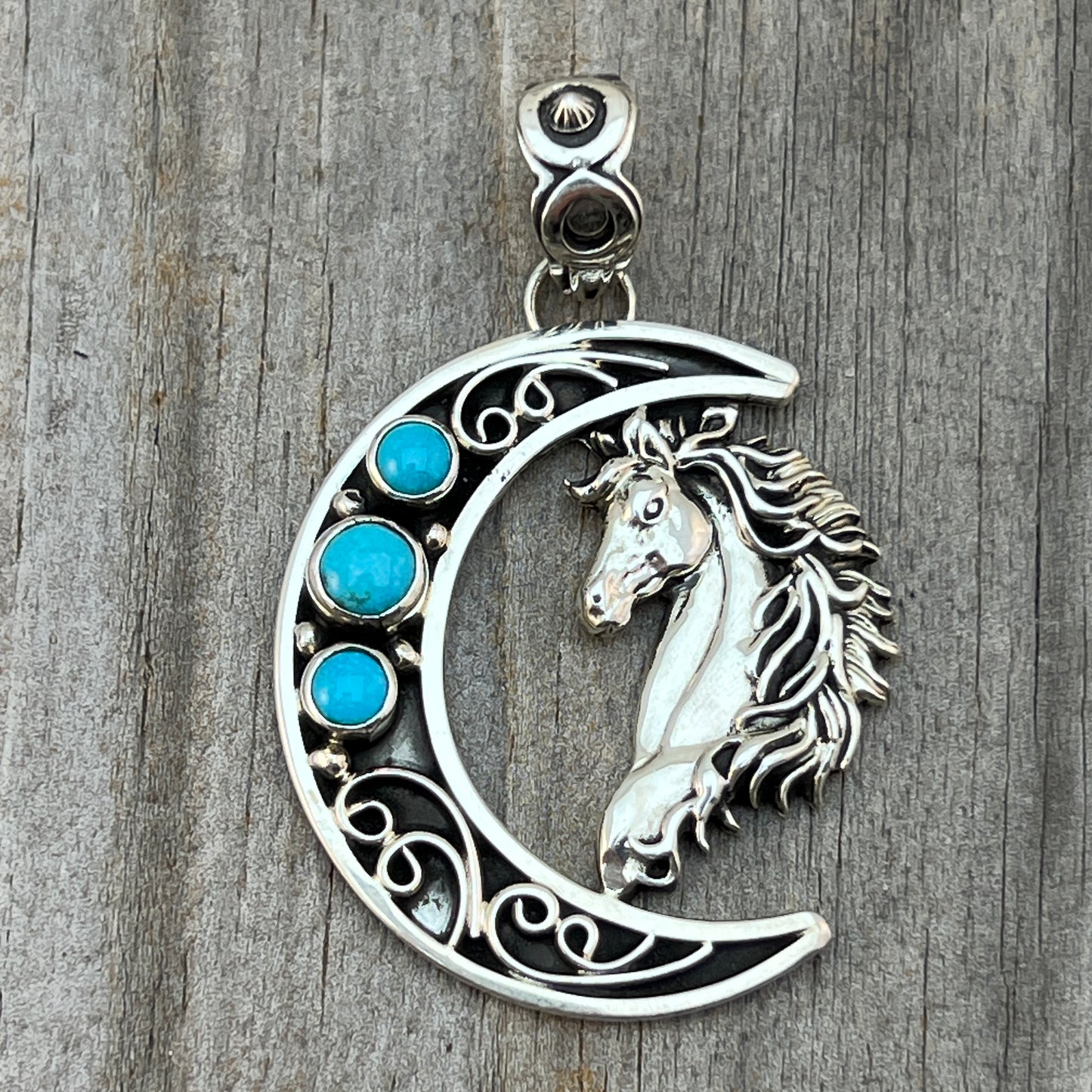Blue turquoise horse moon pendant sterling silver Jennifer Cayaditto Navajo 821