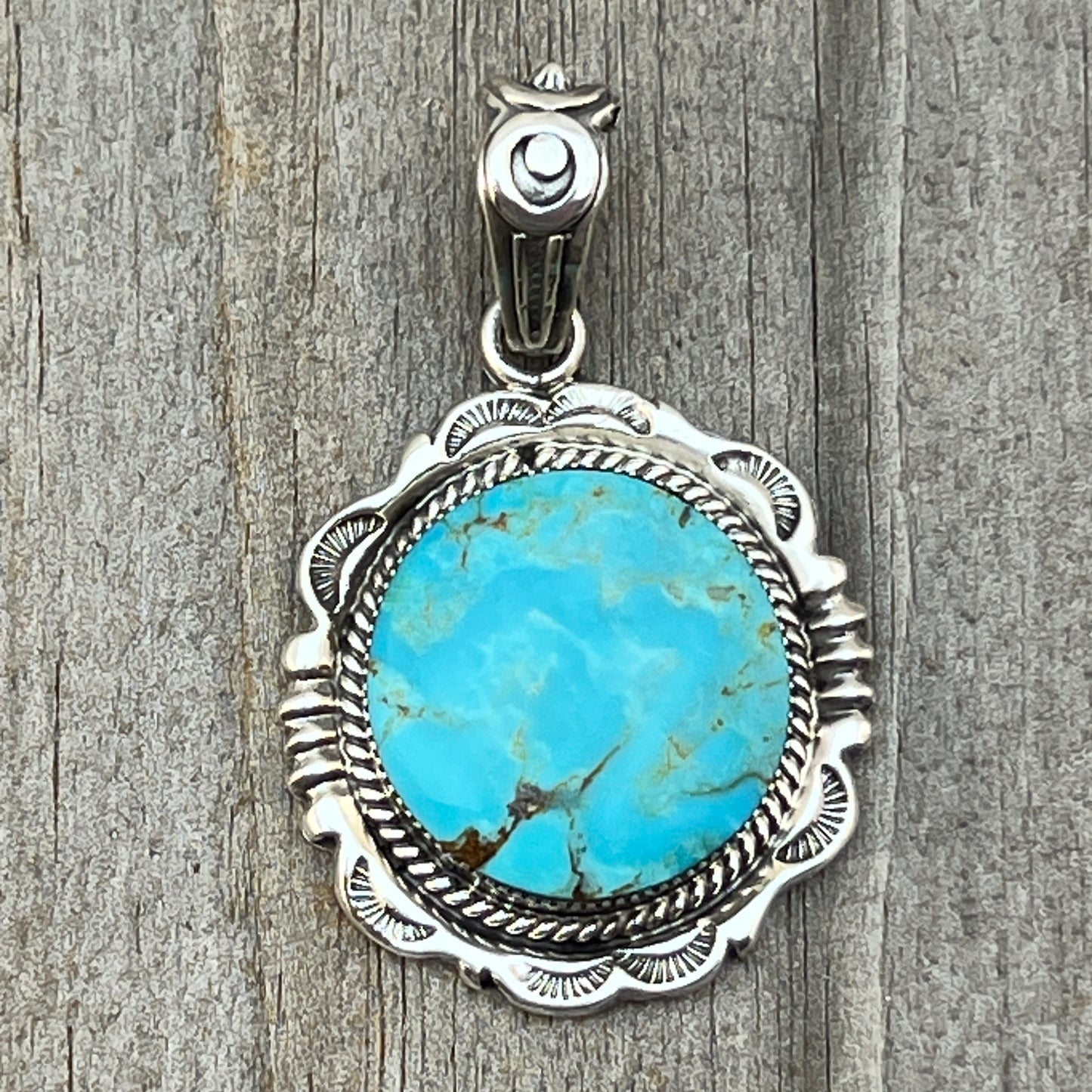 Kingman Turquoise Pendant Sterling silver Navajo handmade Jeremy Delgarito 764