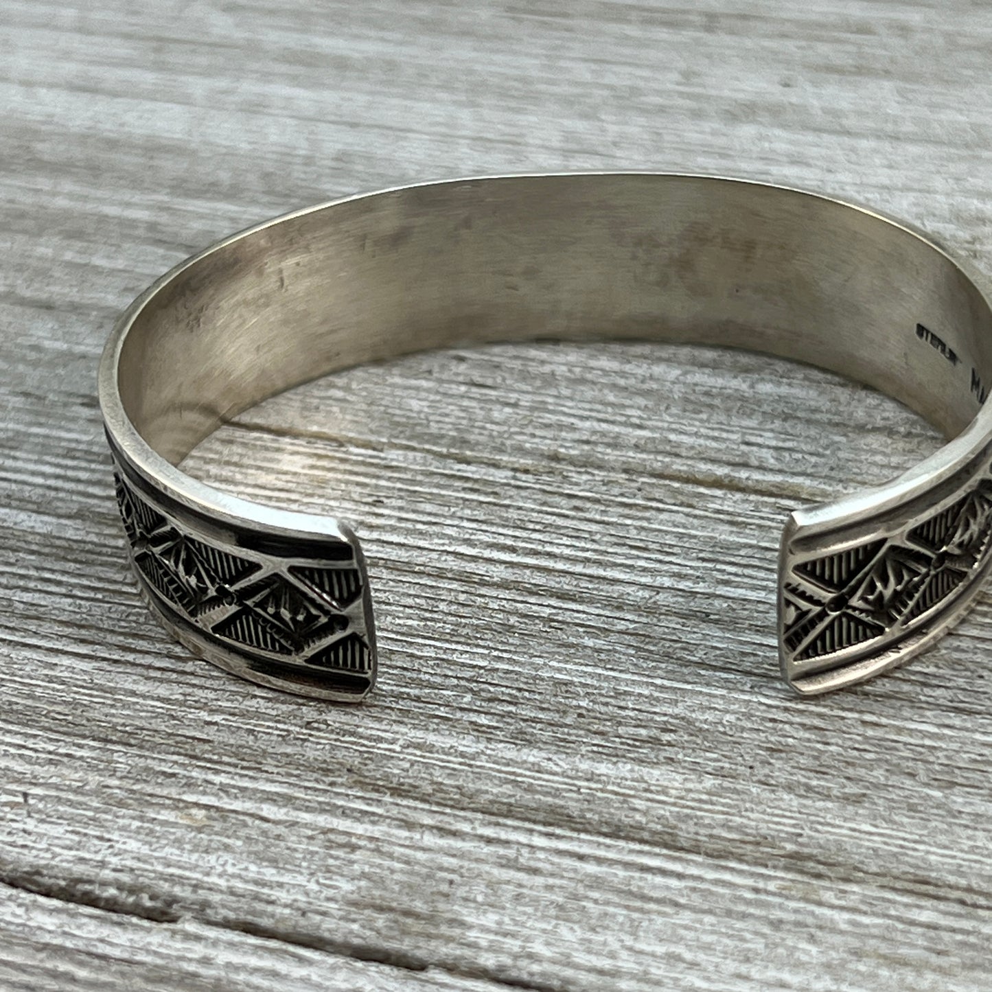 6.5" Sterling silver hand stamped Cuff Bracelet Navajo Leonard Maloney signed boho 360