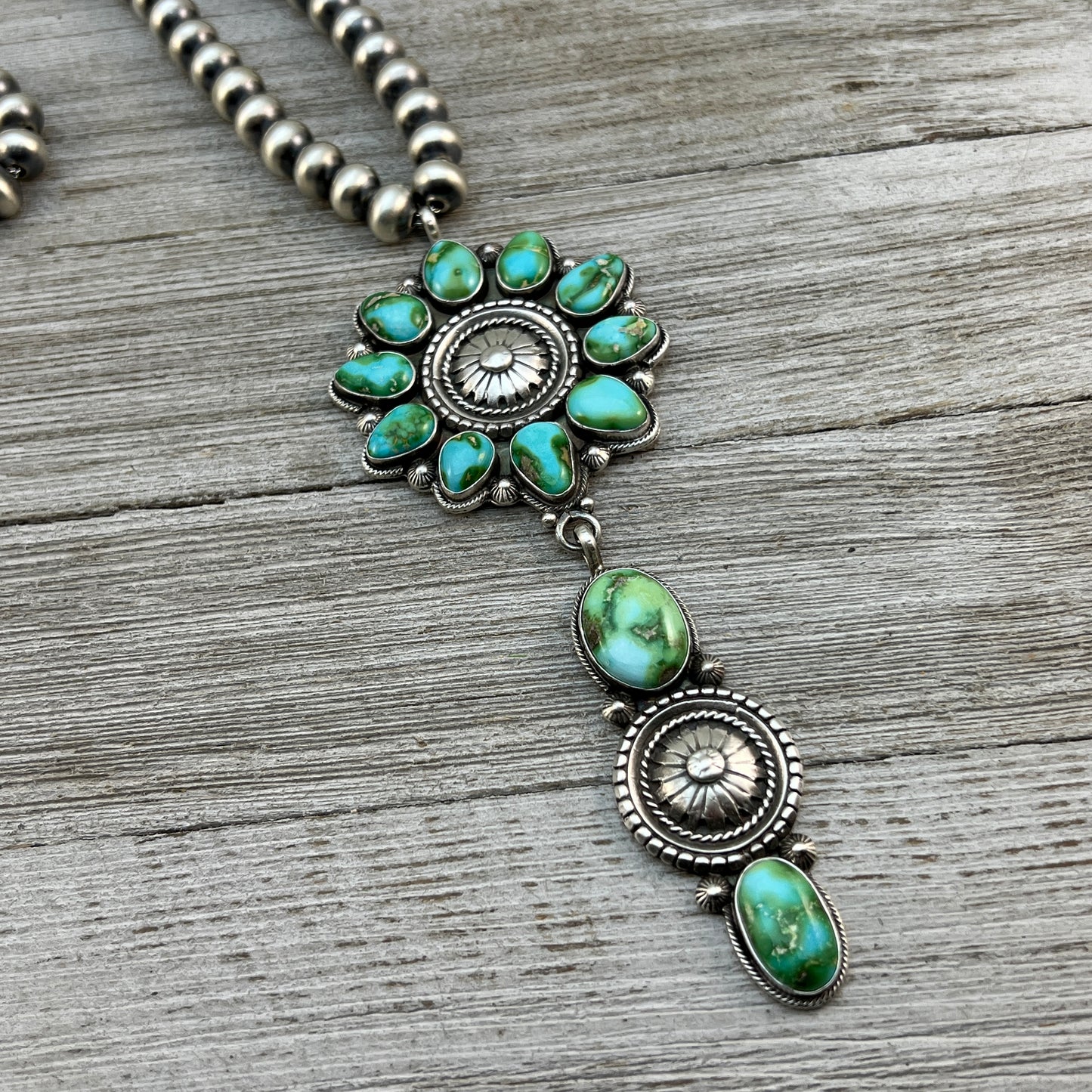21" Sonoran turquoise Navajo Necklace Sterling Silver Pearls 10mm beads