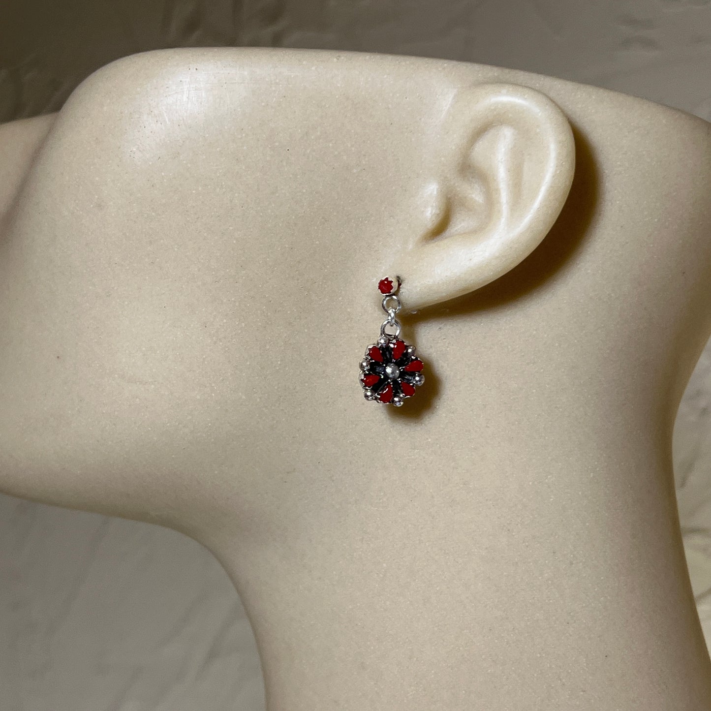 Small Zuni Petit point red coral dangle cluster earrings, sterling silver turquoise 659