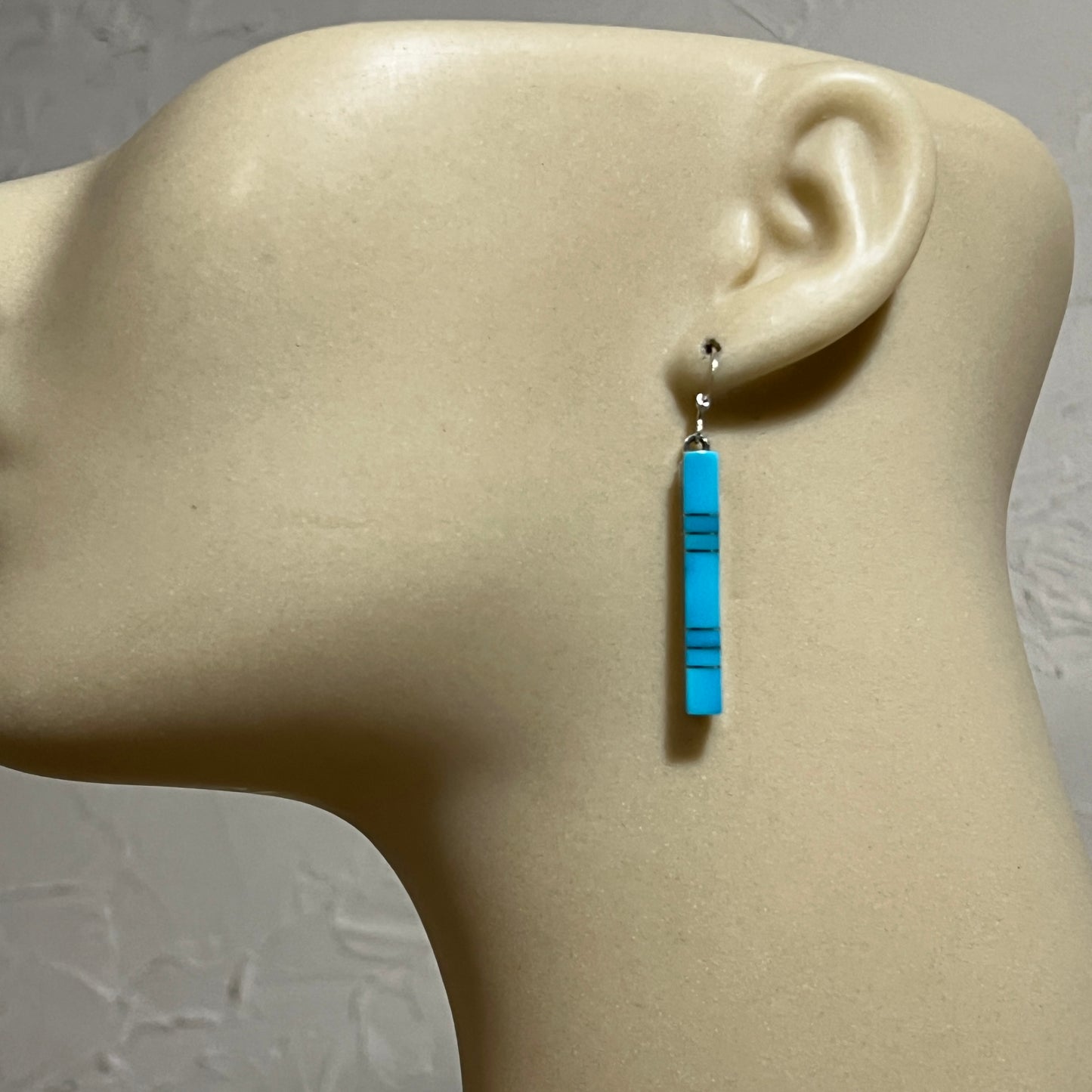 Modern Blue Turquoise inlay bar dangle earrings 2 sterling silver Zuni MaDerral Kallestewa