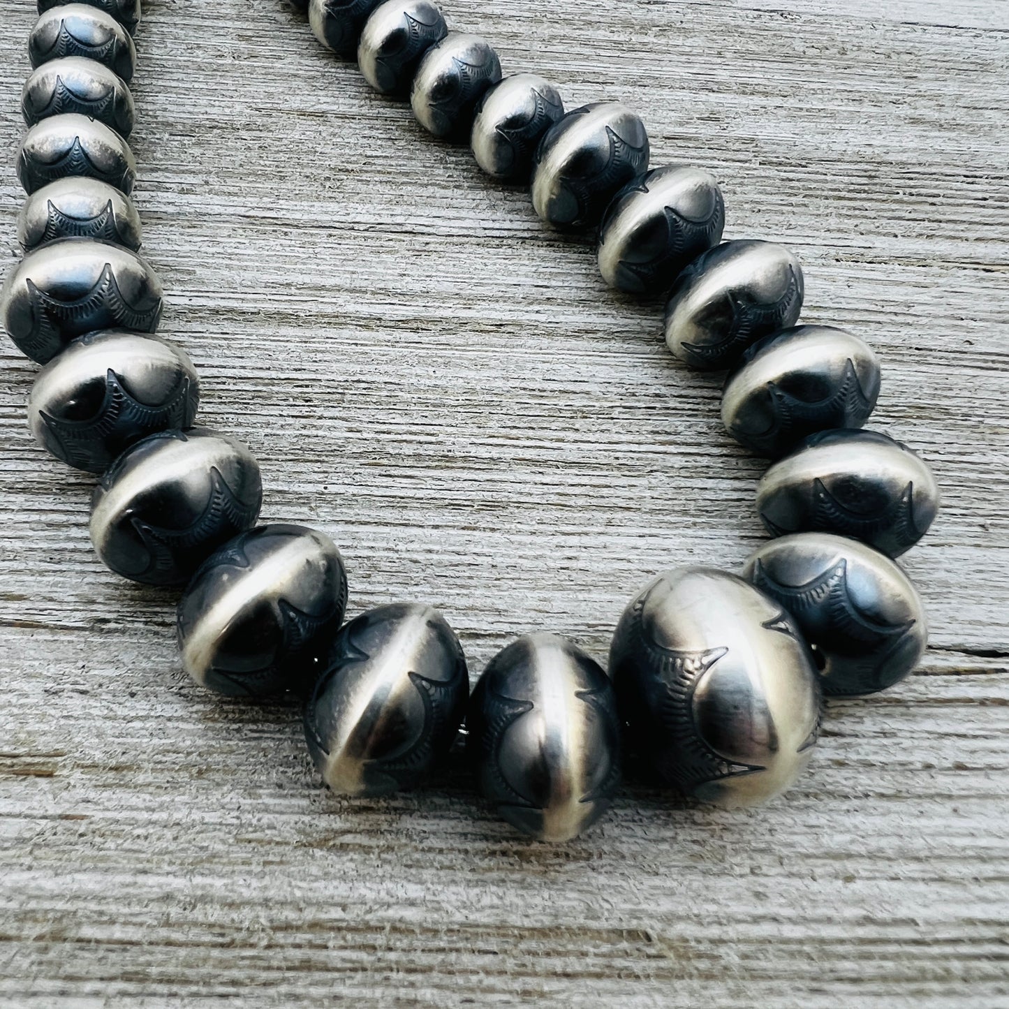20" Sterling silver Handmade Navajo Pearl Graduated stamped bead necklace Bryannen Halwood signed