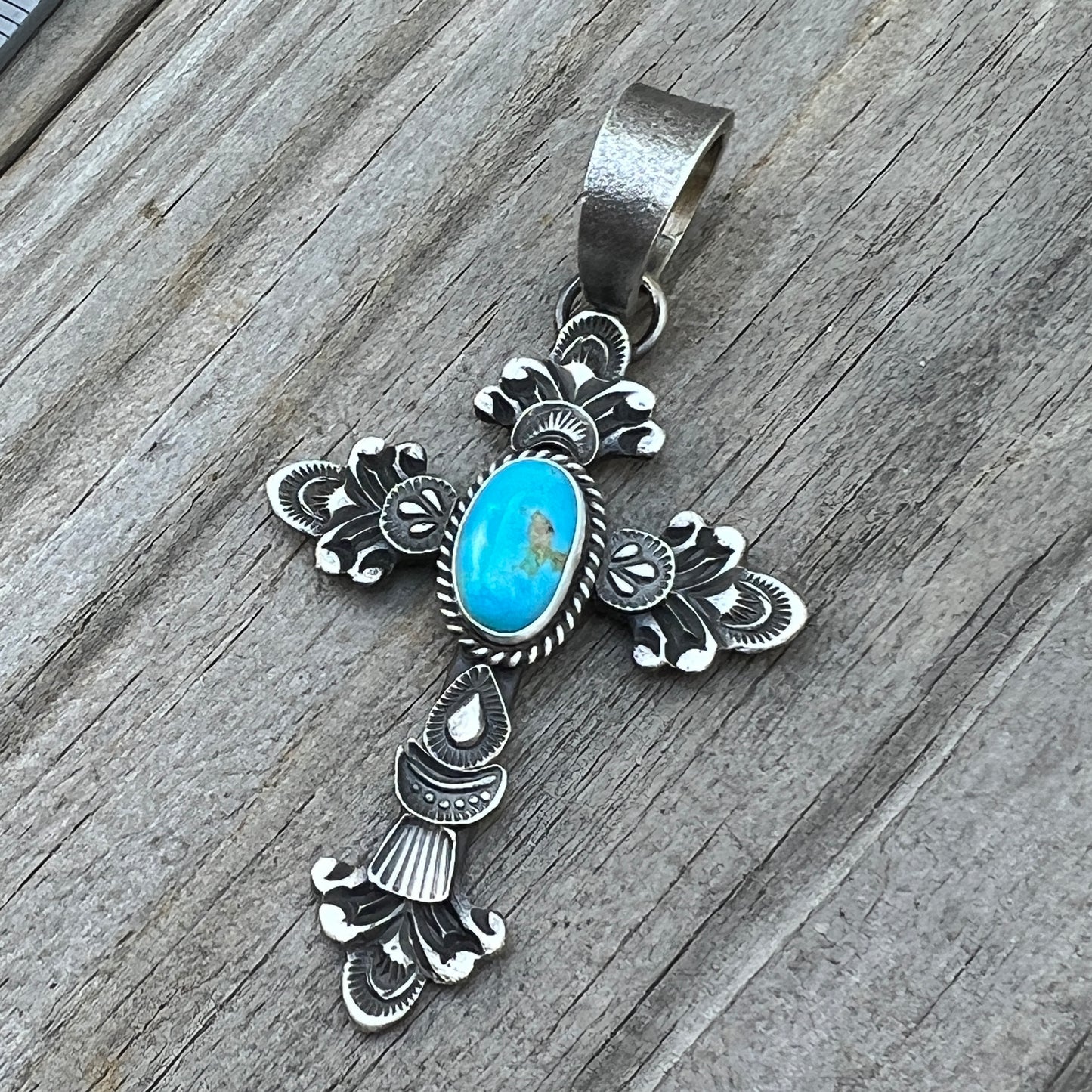 Kingman turquoise ornate cross pendant sterling silver Kevin Billah Navajo 806